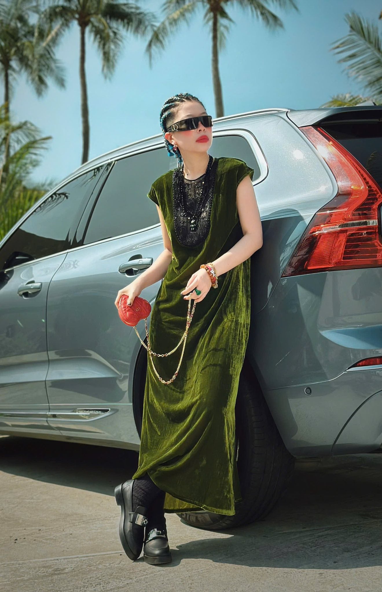 Velvet Prosperity – Velvet Dress with Lacy front in Deep Forest - side profile in green by Huyen Thai Collection