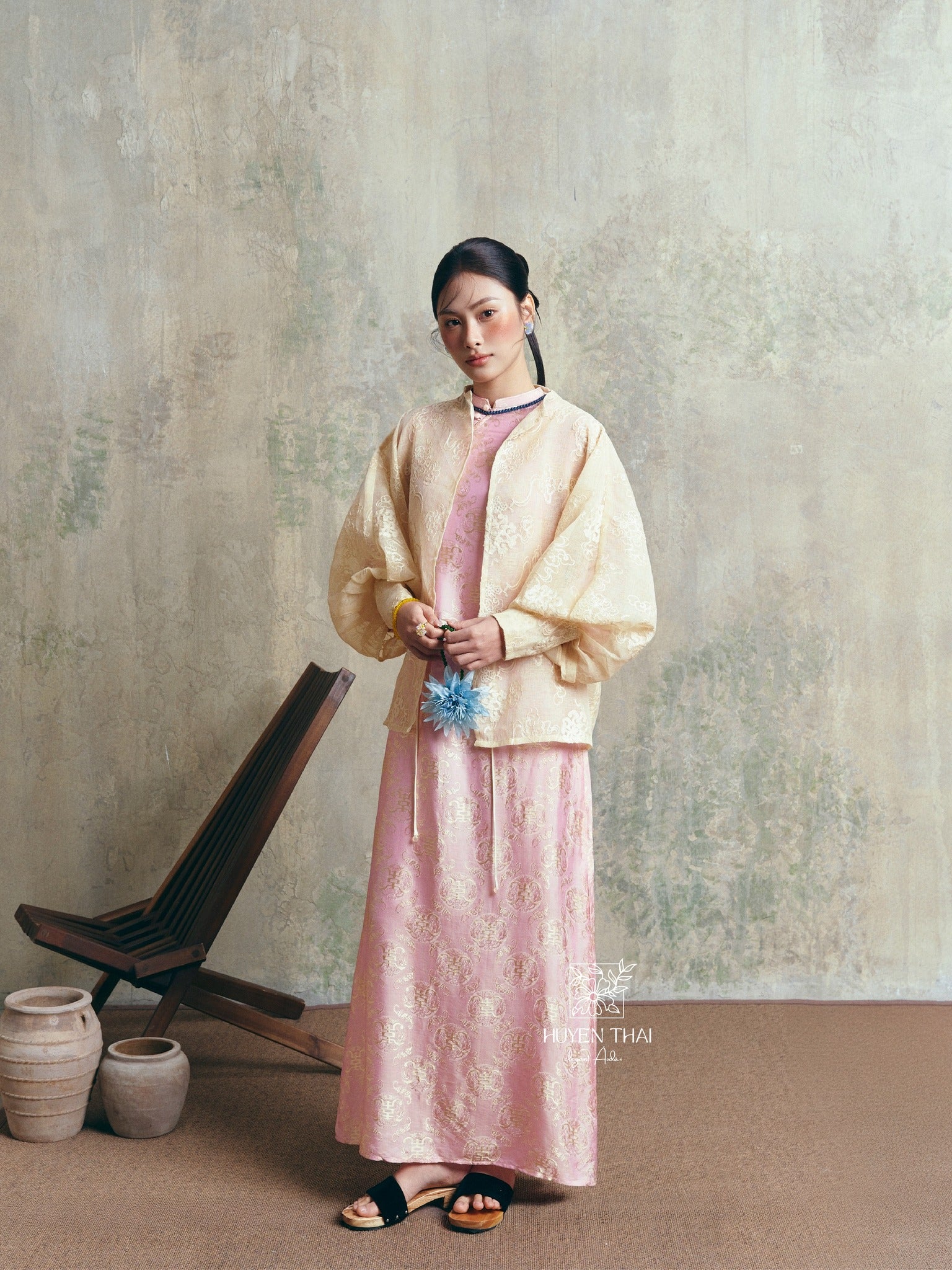 Vietnamese Ao Dai - CẦM Cardigan – Embroidered Lace - front view in silk in pink by Huyen Thai Collection