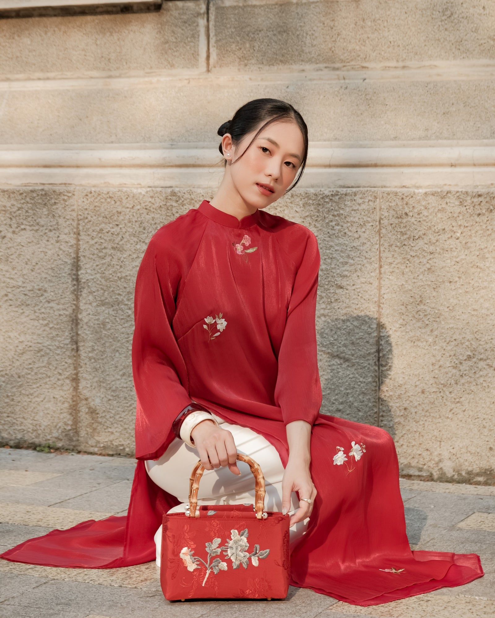 Vietnamese Ao Dai - Xuan Diep Ao-dai Set – Embroidered Silk Áo Dài - front view in burgundy by Moc
