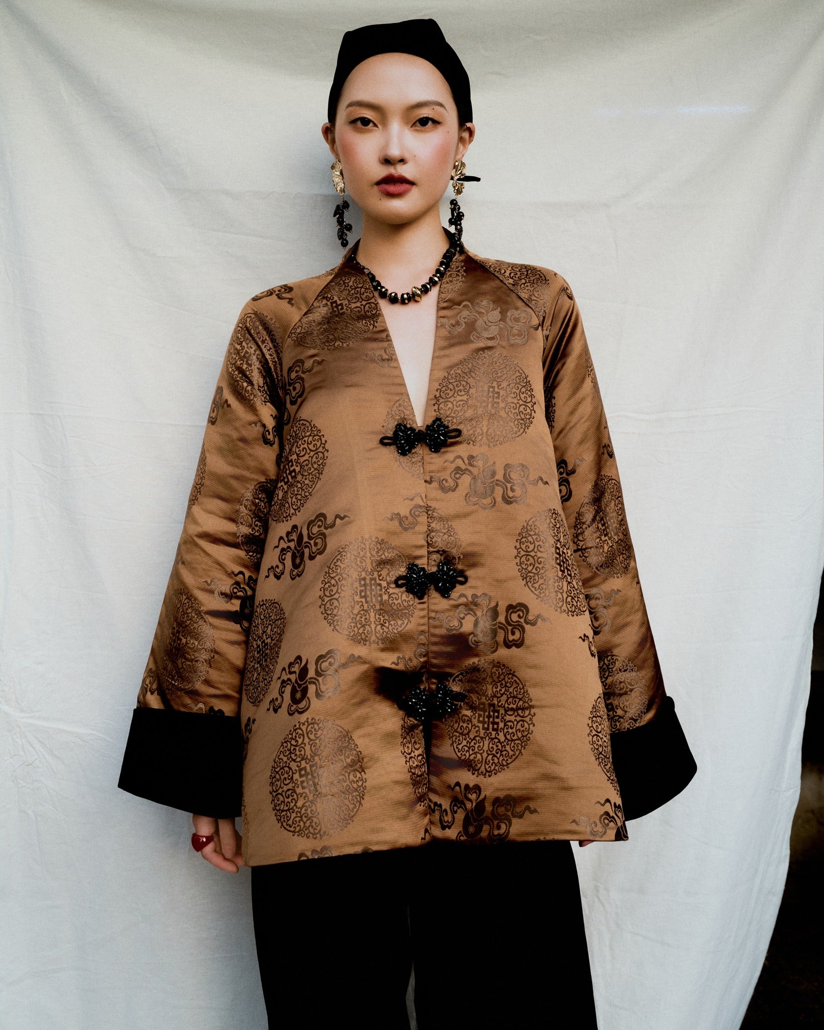 Mandarin Collar - Luong Nhung - Silk Top in Champagne Gold - front view in champagne gold by Bonjour