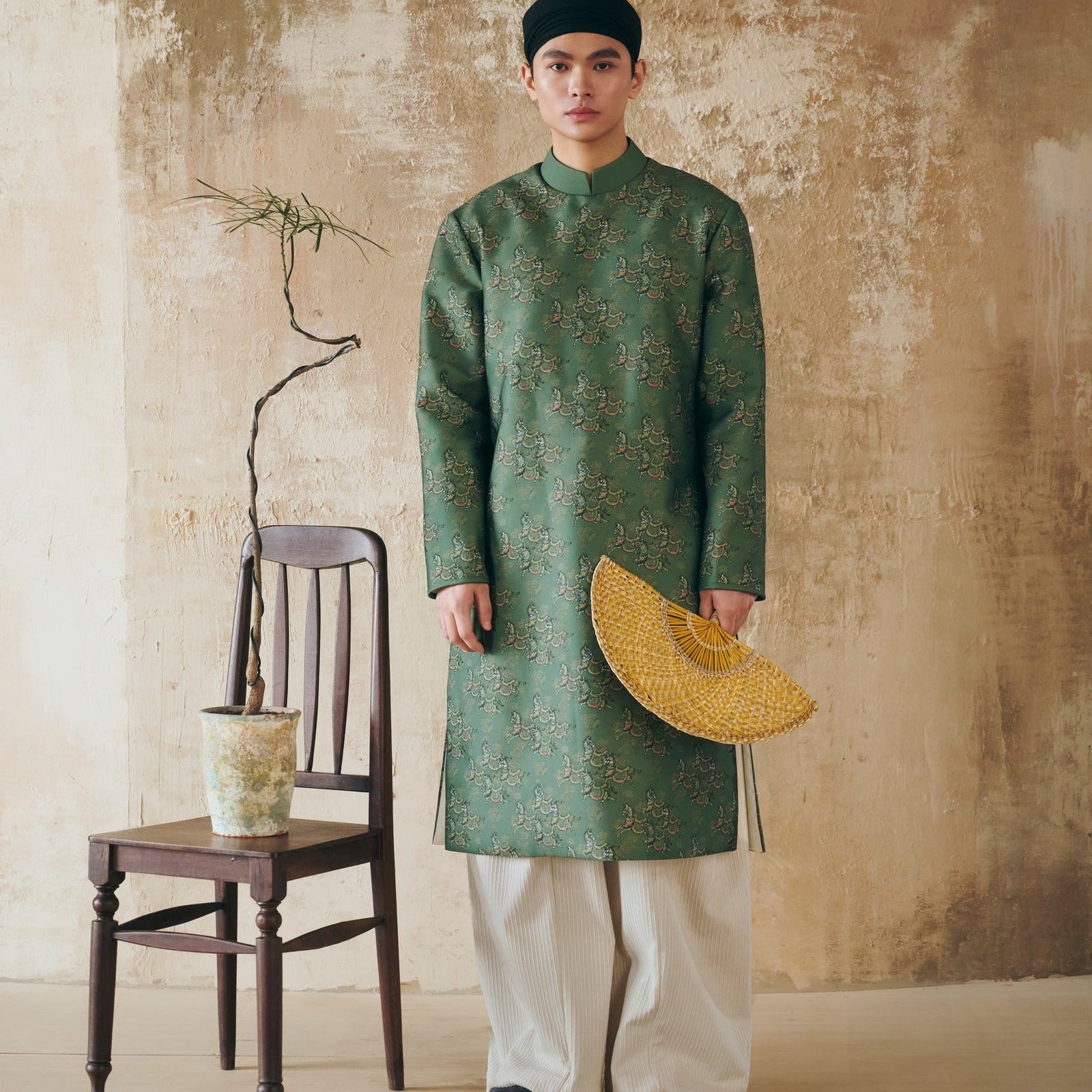 Vietnamese Ao Dai - MÃ LỤC VÂN Men's Áo Dài - Printed Silk in Deep Jade Green - front view in brocade in green by Maison LONG