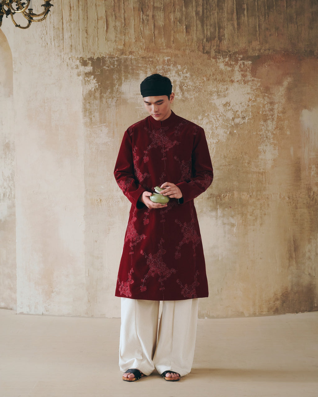 Vietnamese Embroidery - XUÂN PHÂN – Men’s Velvet Áo Dài in Bordeaux Red - front view in maroon by Maison LONG