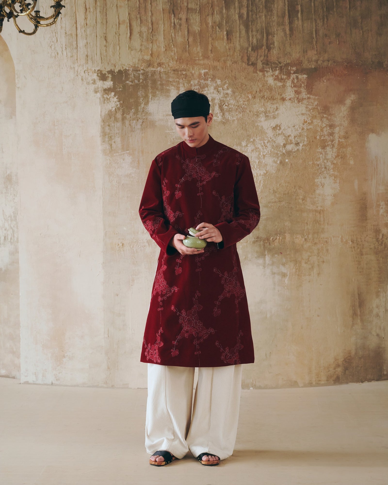 Vietnamese Embroidery - XUÂN PHÂN – Men’s Velvet Áo Dài in Bordeaux Red - front view in maroon by Maison LONG