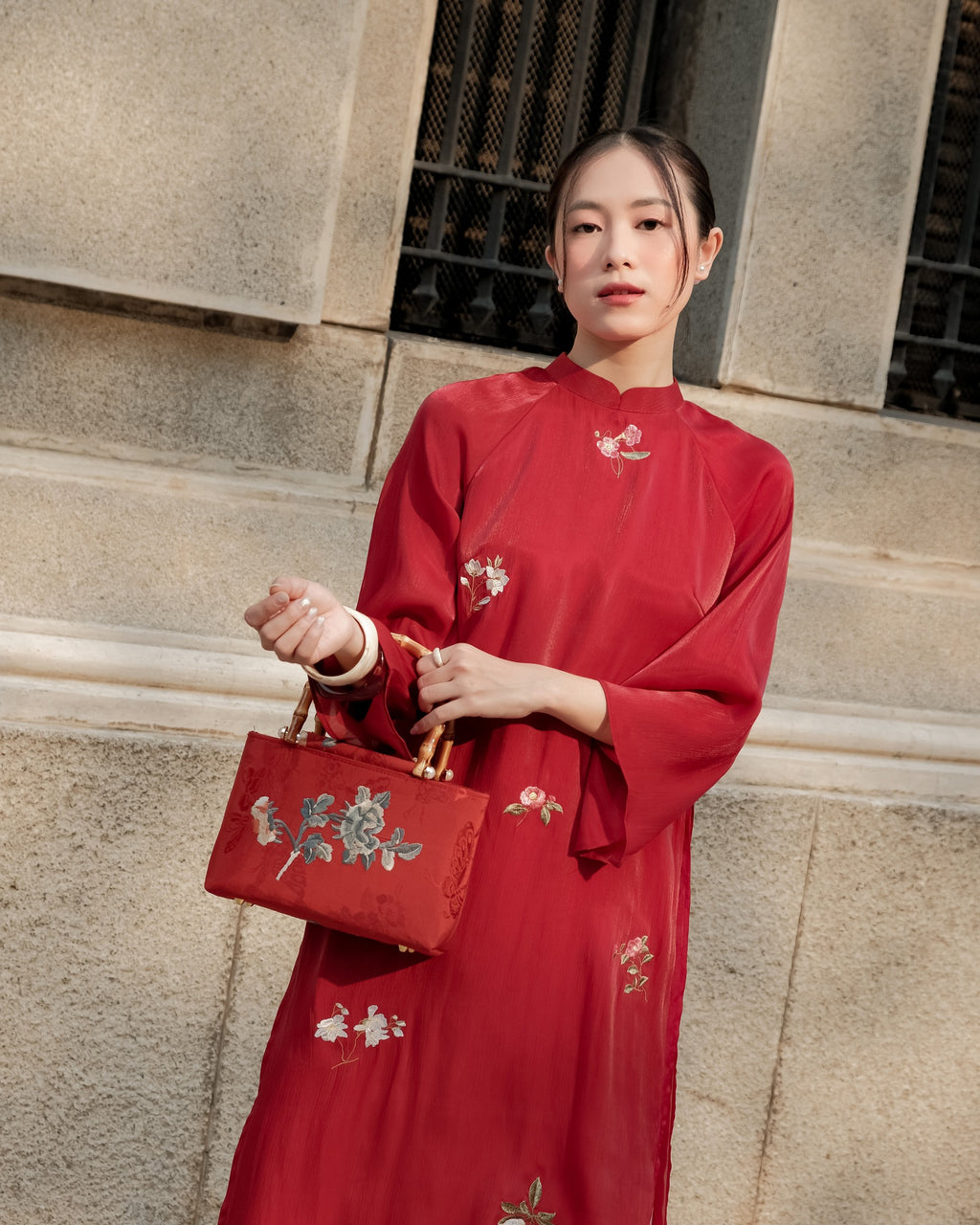 Vietnamese Ao Dai - Xuan Diep Ao-dai Set – Embroidered Silk Áo Dài - front view in crimson by Moc