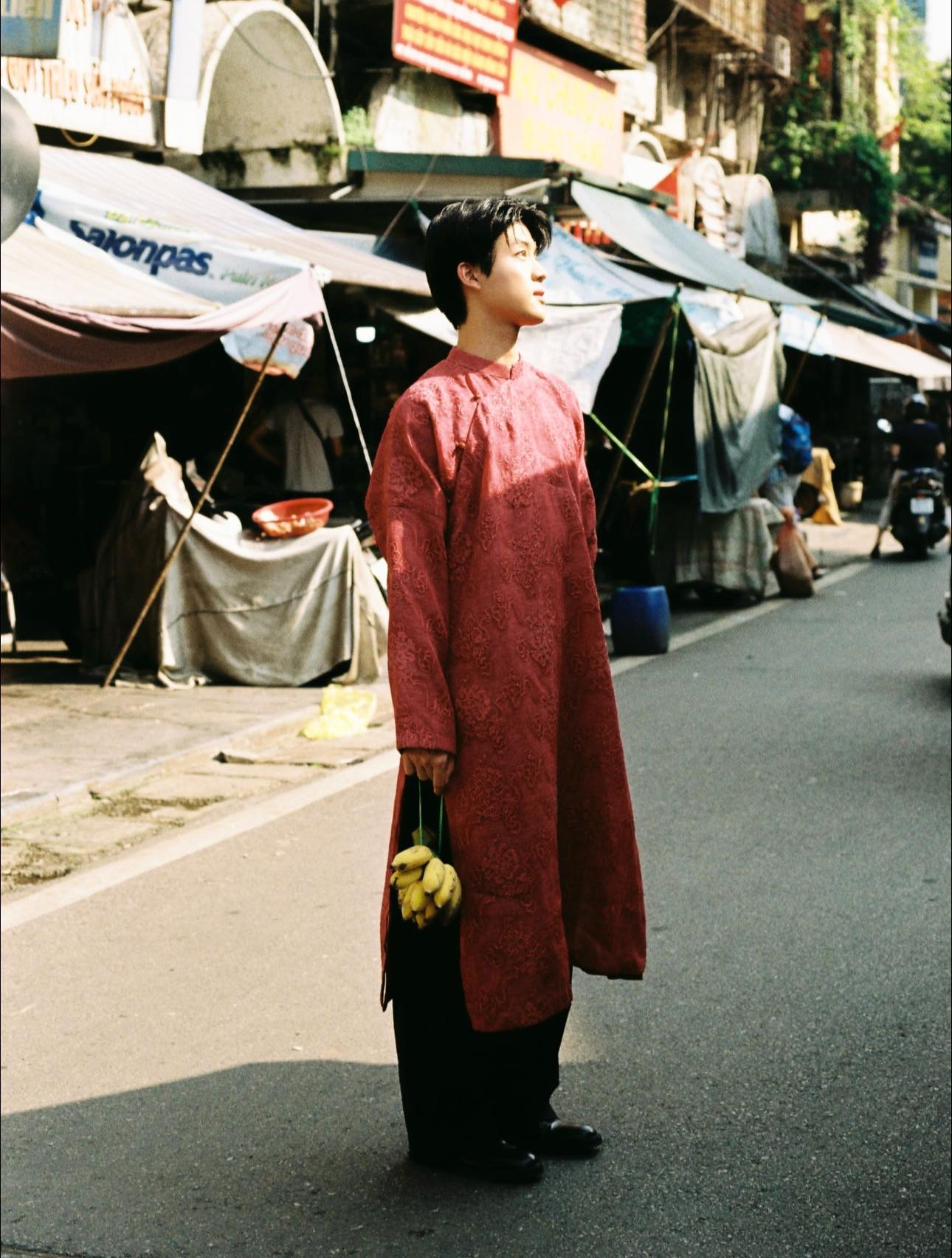 Vietnamese Ao Dai - Gia Đinh Men’s Ao-dai - Embroidered Silk Áo Dài - styled presentation in brocade in red by Maison LONG