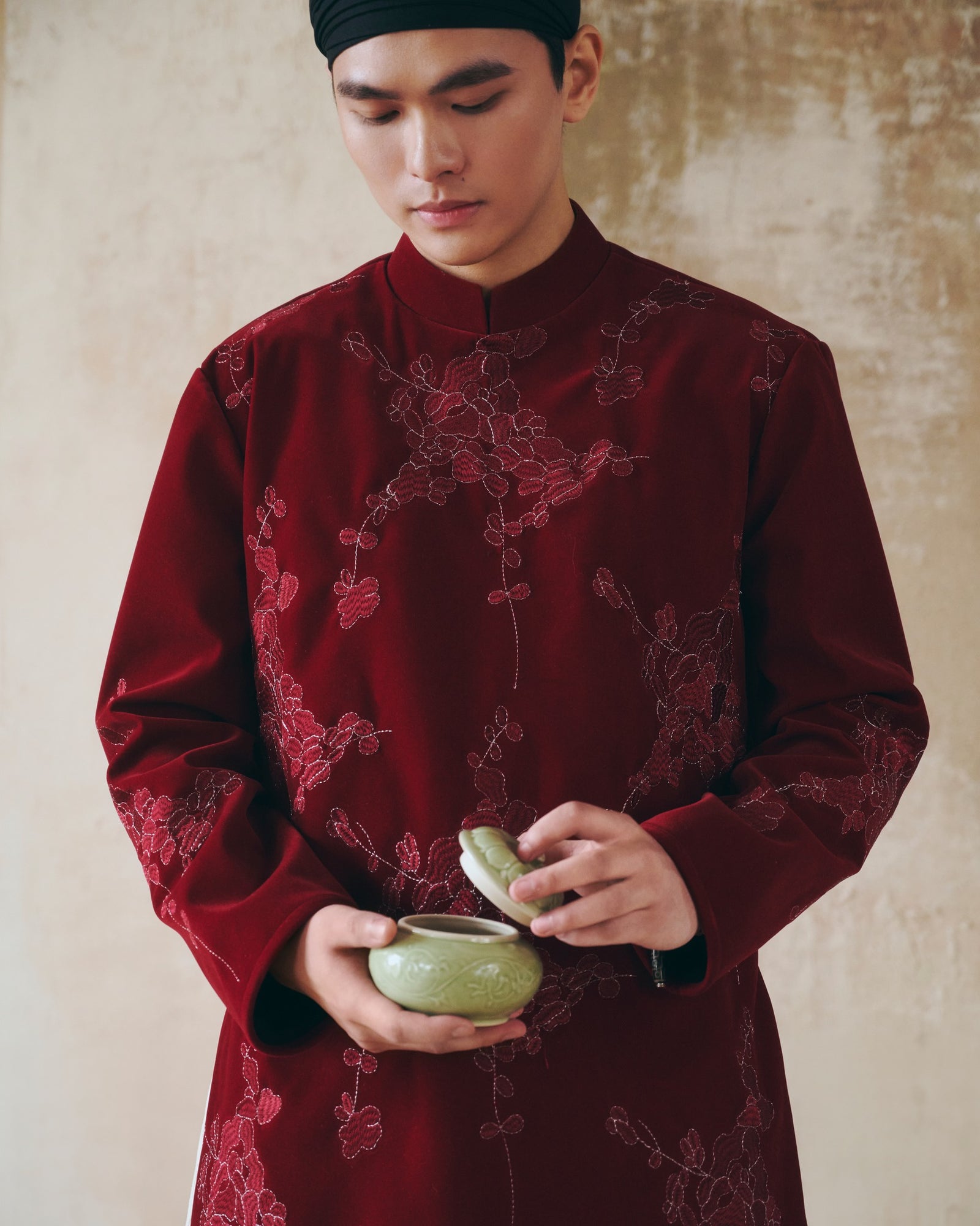 Vietnamese Embroidery - XUÂN PHÂN – Men’s Velvet Áo Dài in Bordeaux Red - front view in maroon by Maison LONG