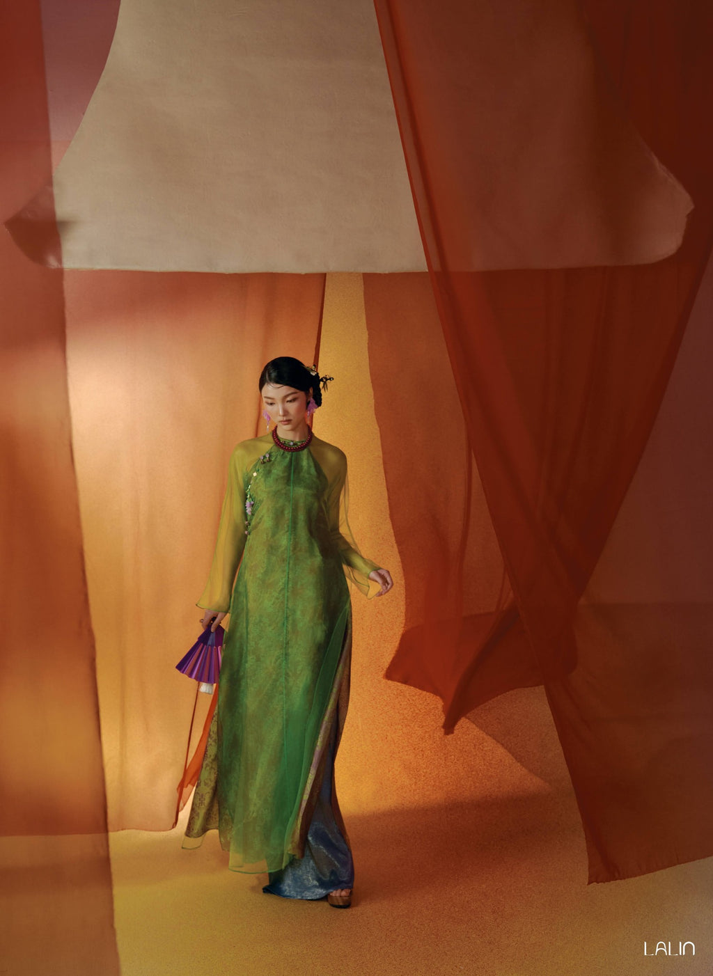 Vietnamese Ao Dai - Khue Tu Ao Dai Set – Doubled Layer in Premium Organza and Wormsilk - front view in green by Lalin