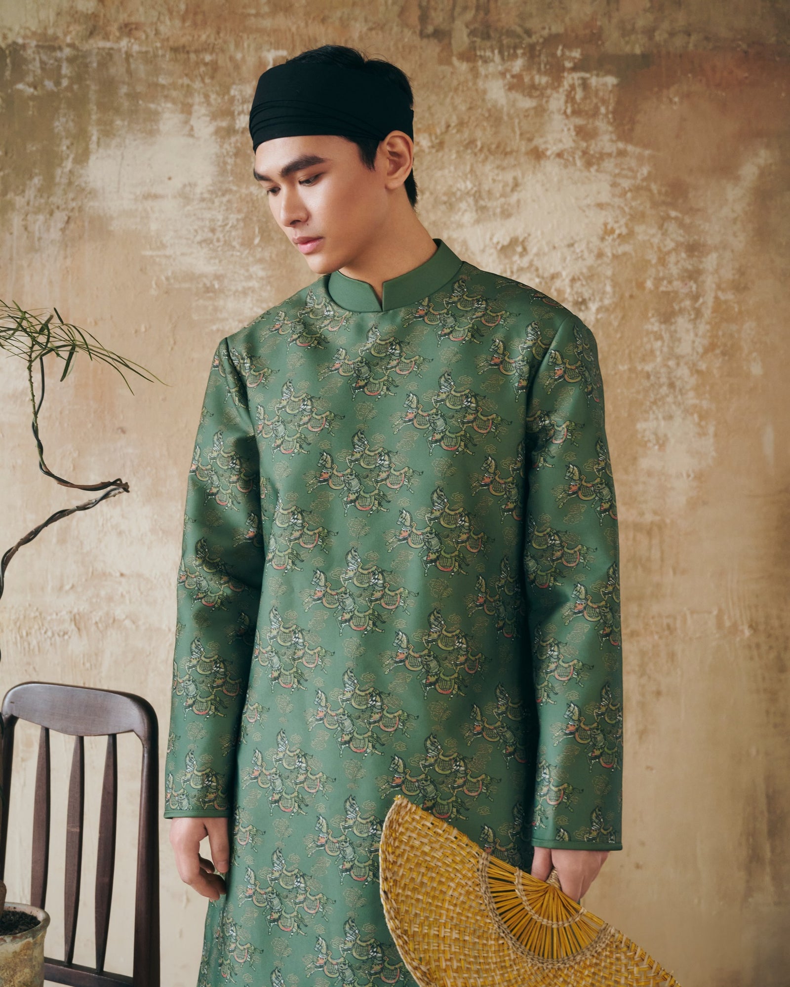 MÃ LỤC VÂN Men's Áo Dài - Printed Silk in Deep Jade Green - front view by Maison LONG