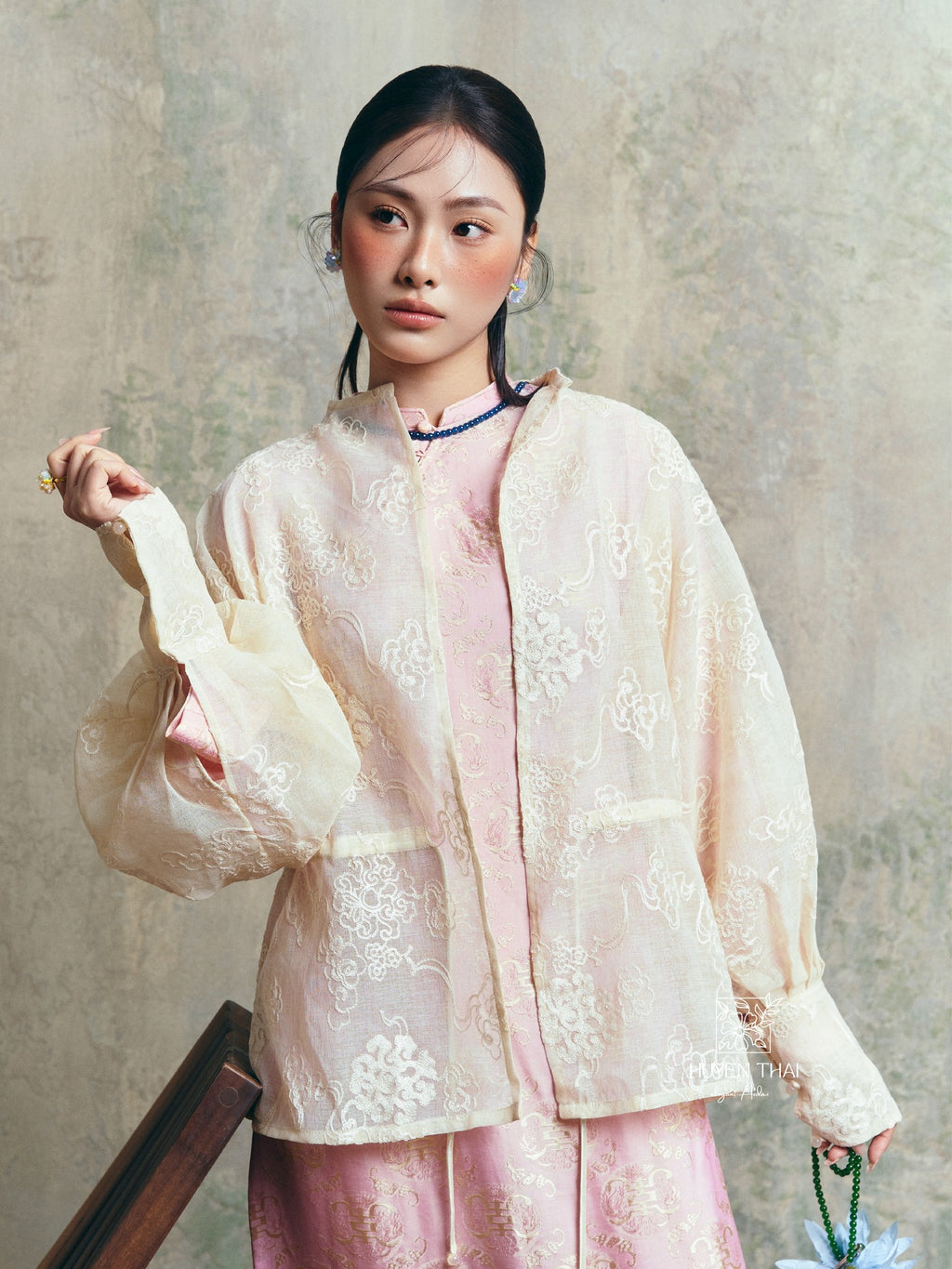 Vietnamese Ao Dai - CẦM Cardigan – Embroidered Lace - front view in silk in pink by Huyen Thai Collection