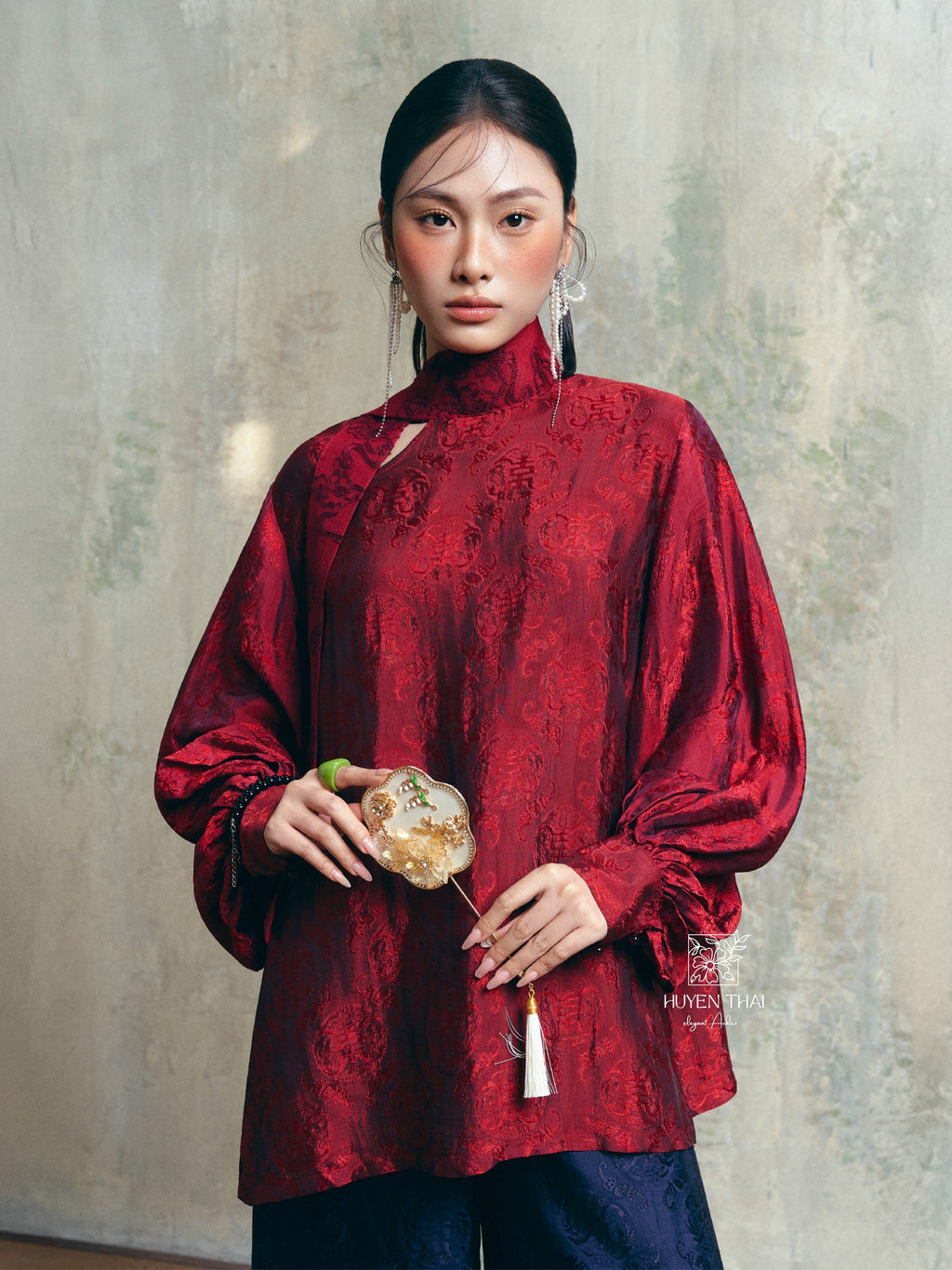 Cat Khanh Áo Ngan Set (short version of Ao-dai) - Wormsilk in Crimson Red & Indigo Blue - front view by Huyen Thai Collection
