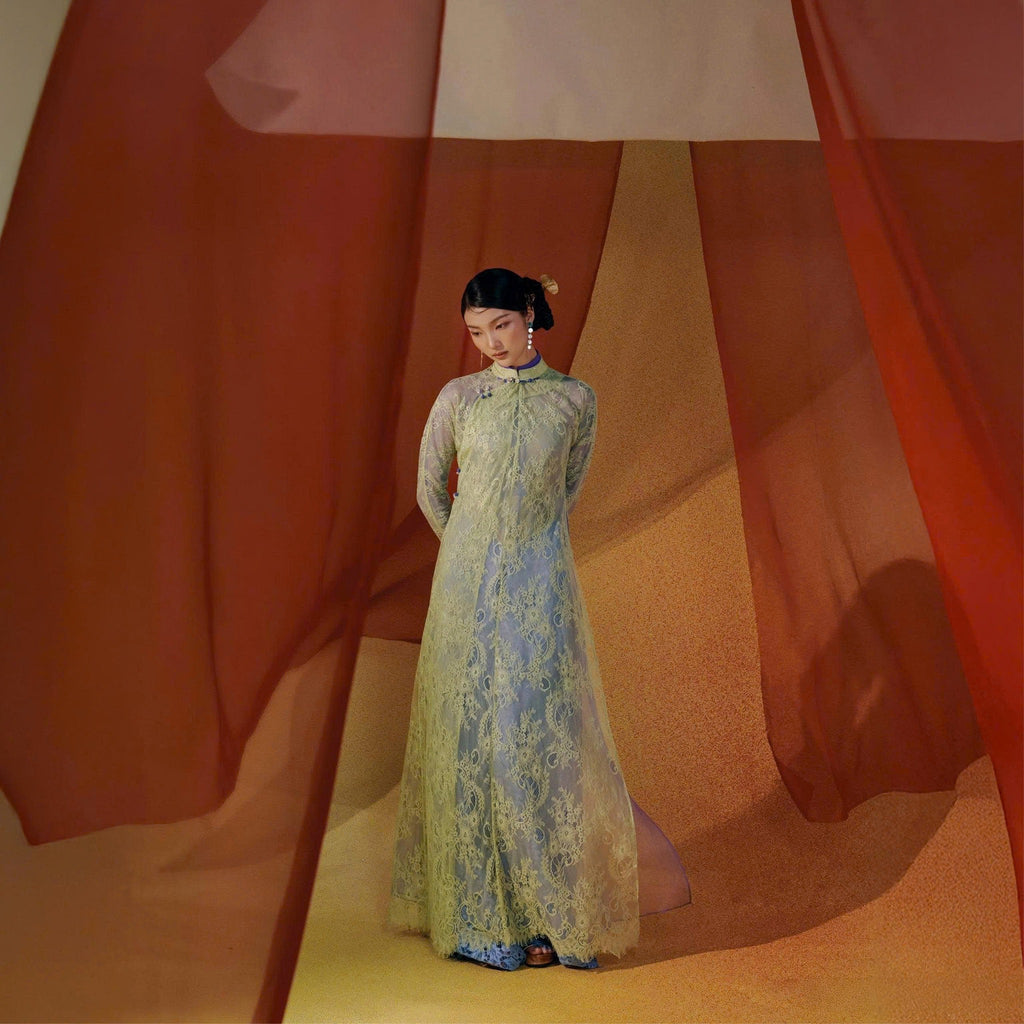Vietnamese Ao Dai - Khue Ngan Ao Dai Set – Doubled Layers in Lace and Wormsilk - front view in light green by Lalin
