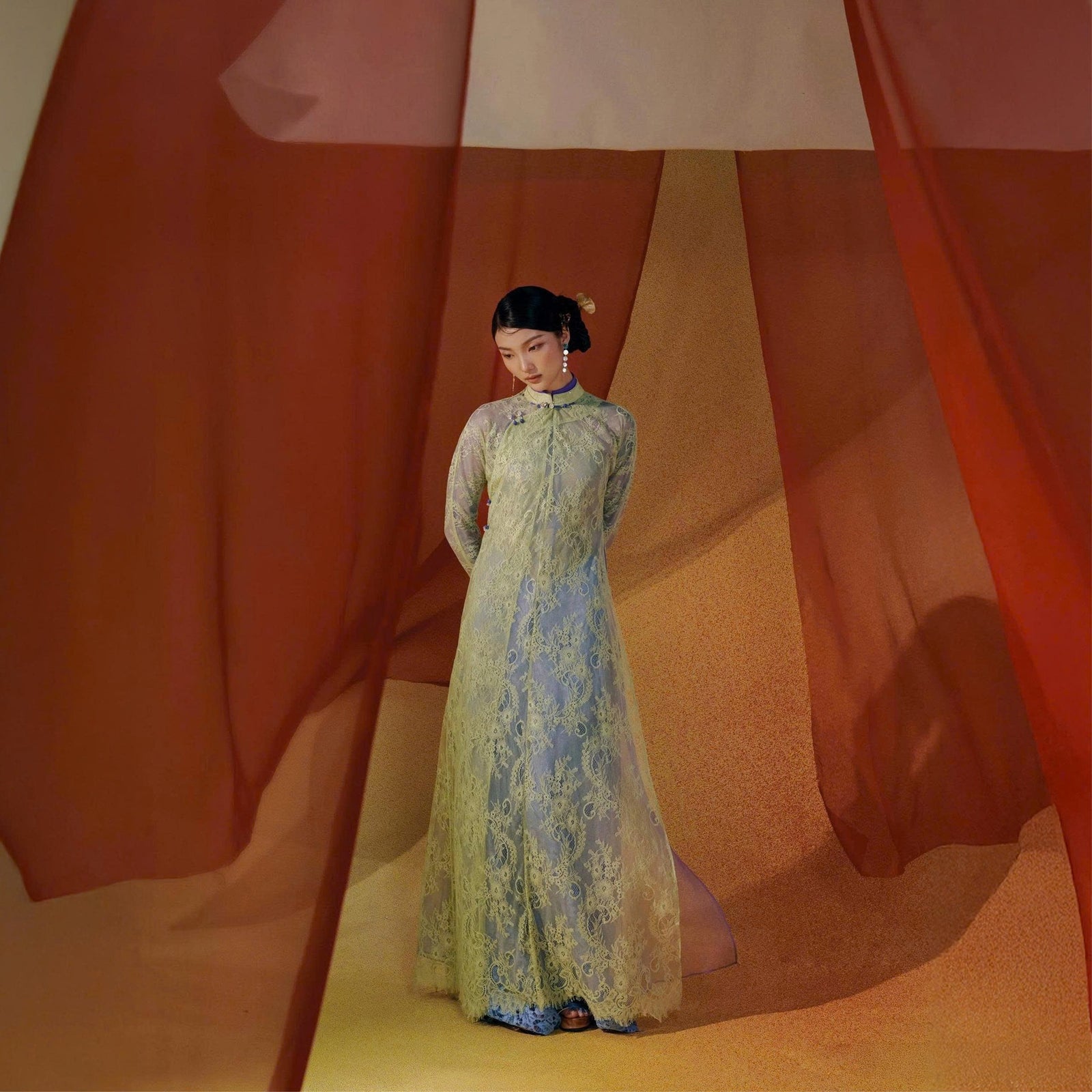 Vietnamese Ao Dai - Khue Ngan Ao Dai Set – Doubled Layers in Lace and Wormsilk - front view in light green by Lalin