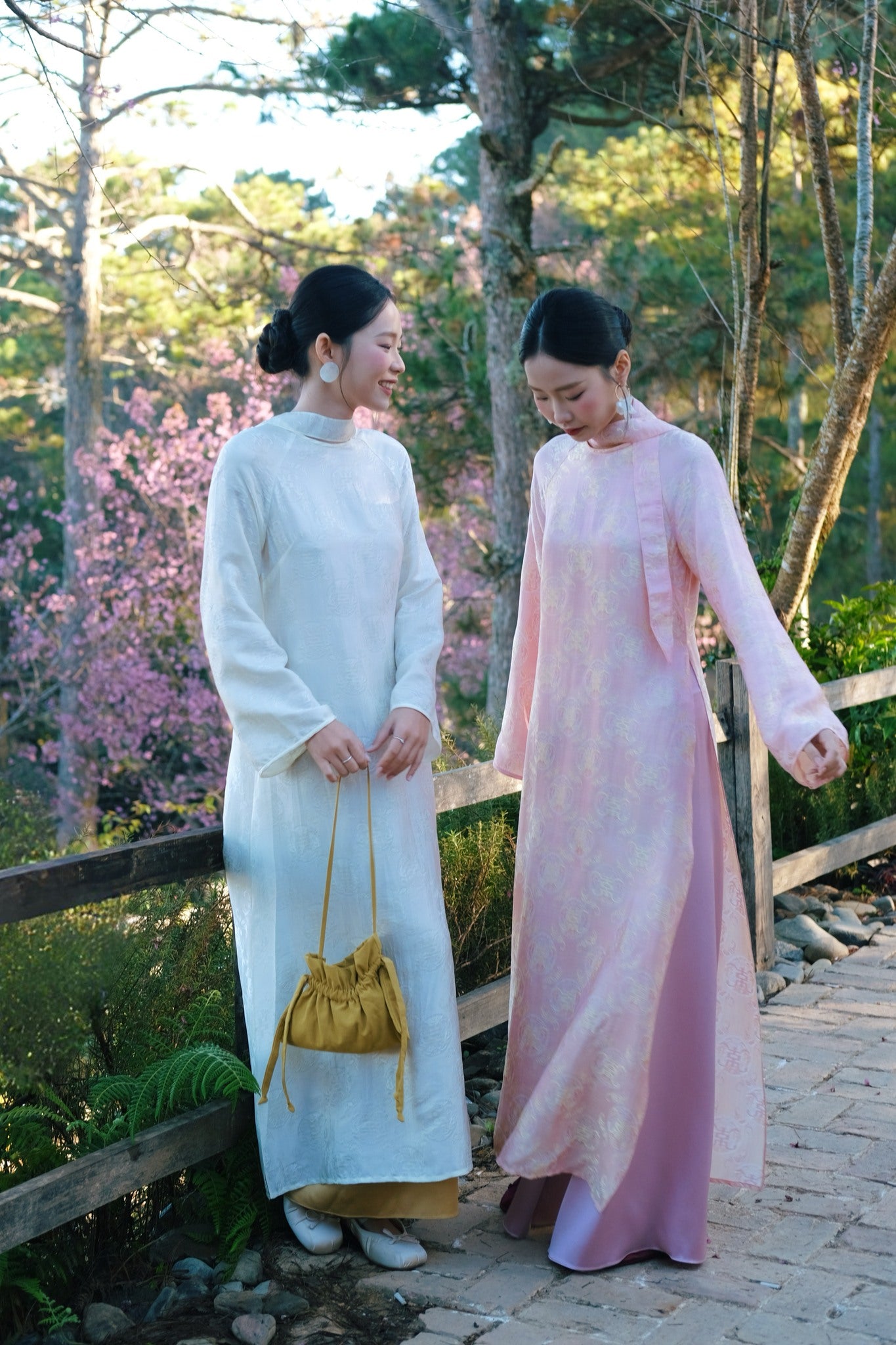 Vietnamese Ao Dai - Cầm Ao-dai Set – Wormsilk with scarf in Light Cream - styled presentation in white by Co Lau