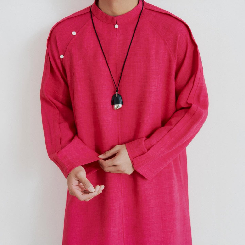 "Phao" Men’s Áo Dài Top - Raw-linen in Lotus Fuchsia