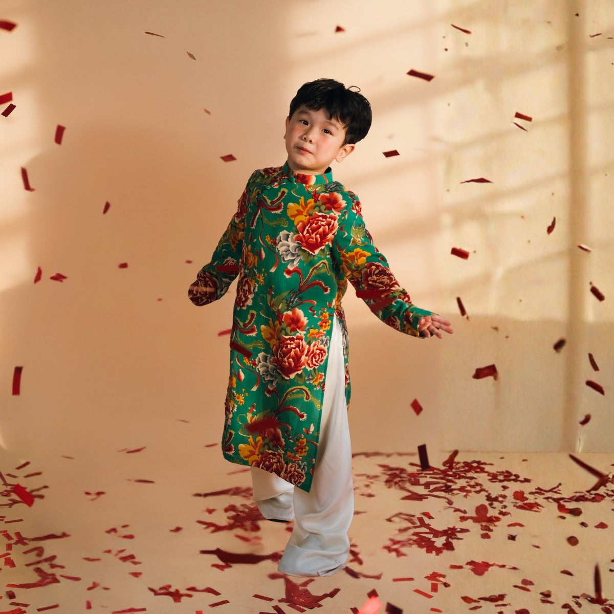 Vietnamese Silver - Spring Joy Kid Ao-dai Set – Printed on Emerald Green - styled presentation in green by Moc