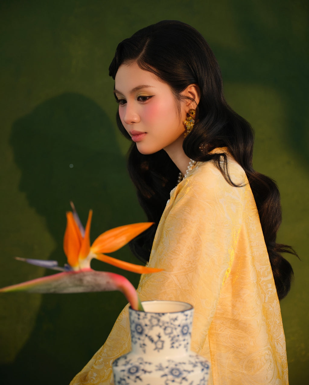 Vietnamese Ao Dai - Moc Tra Bà Ba Set - Tencel in Golden Silk - side profile in yellow by Garderobe