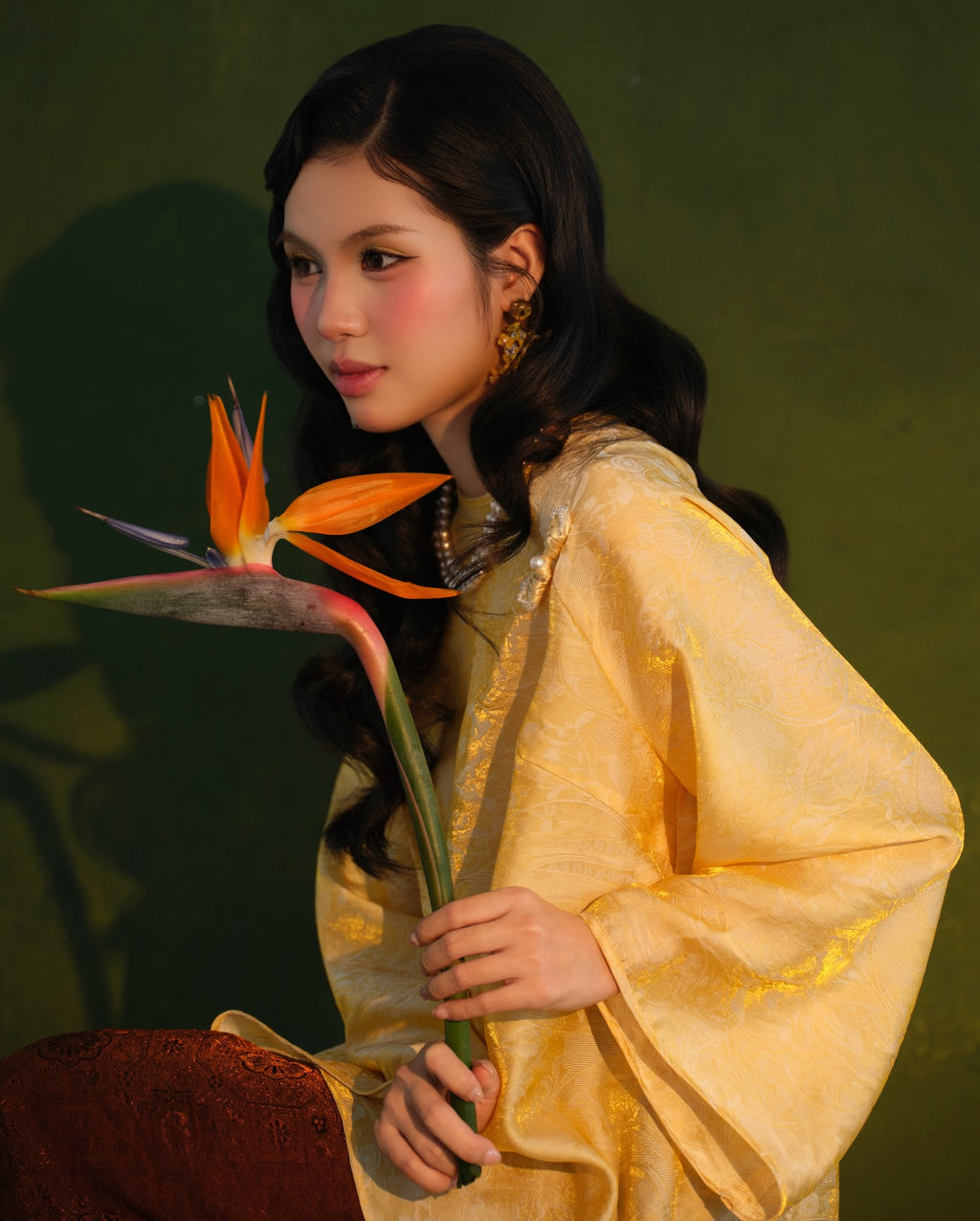 Vietnamese Ao Dai - Moc Tra Bà Ba Set - Tencel in Golden Silk - side profile in yellow by Garderobe