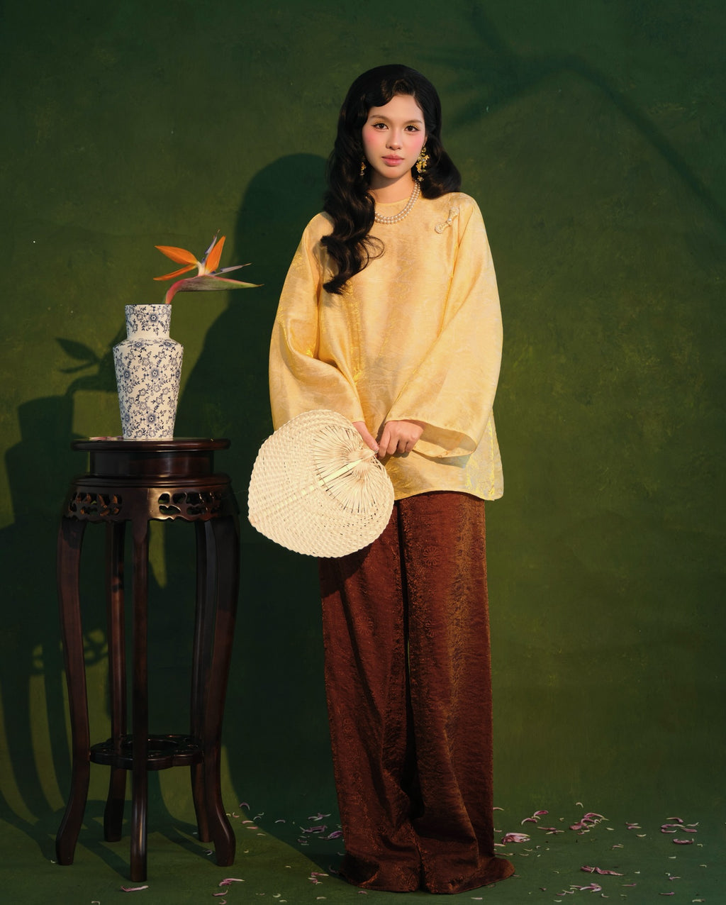 Vietnamese Ao Dai - Moc Tra Bà Ba Set - Tencel in Golden Silk - front view in yellow by Garderobe