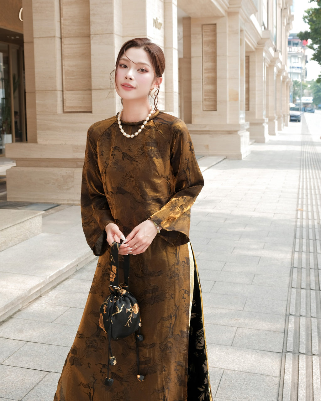Xuân Ba Áo Dài Set - Double-Layered Tencel with Velvet Embroidered Pants - front view by Moc