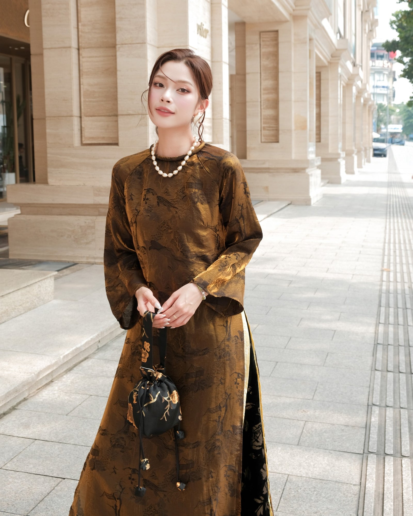 Xuân Ba Áo Dài Set - Double-Layered Tencel with Velvet Embroidered Pants - front view by Moc