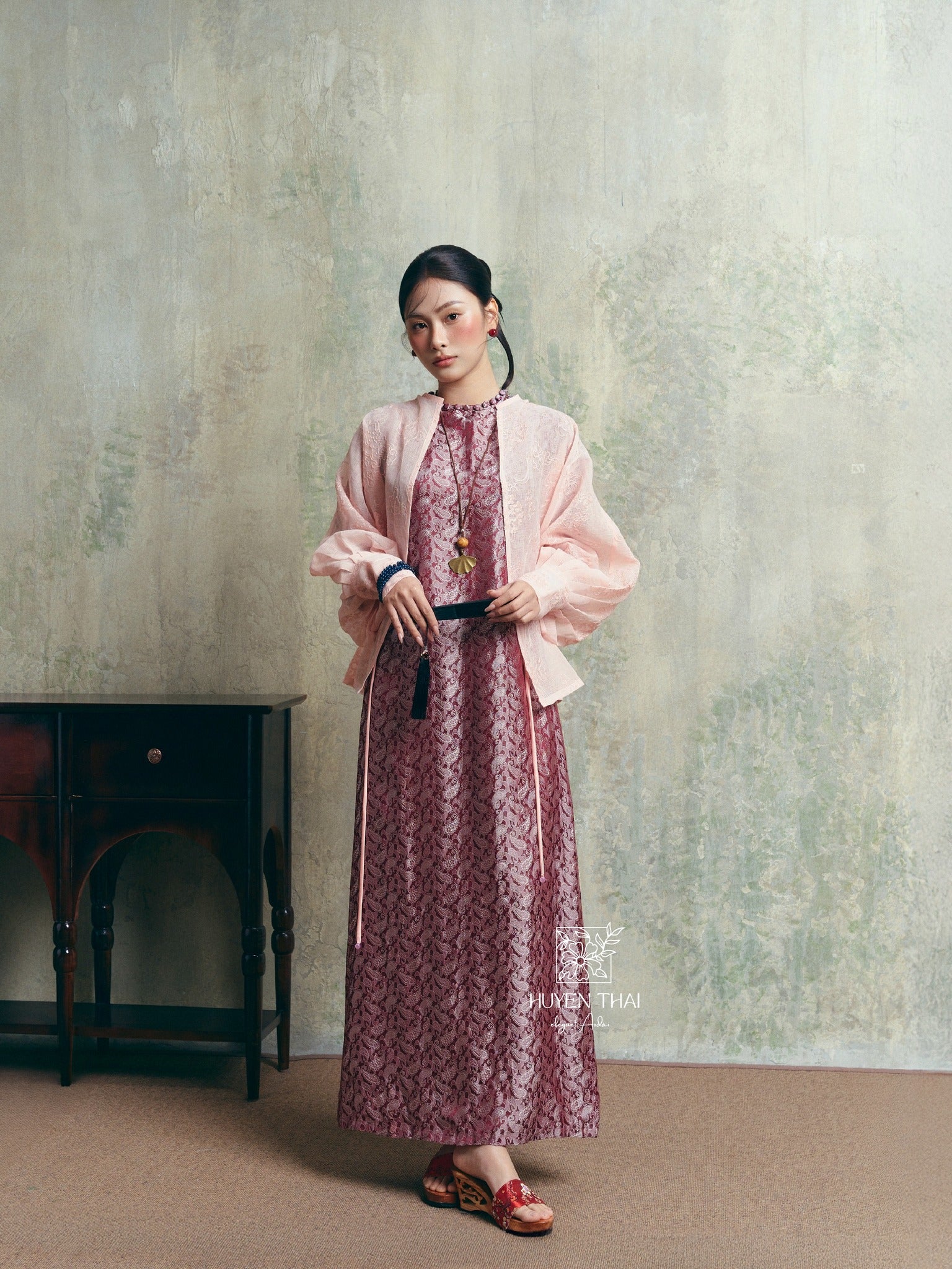 Vietnamese Ao Dai - CẦM Cardigan – Embroidered Lace in Blush Pink - front view in silk in pink by Huyen Thai Collection