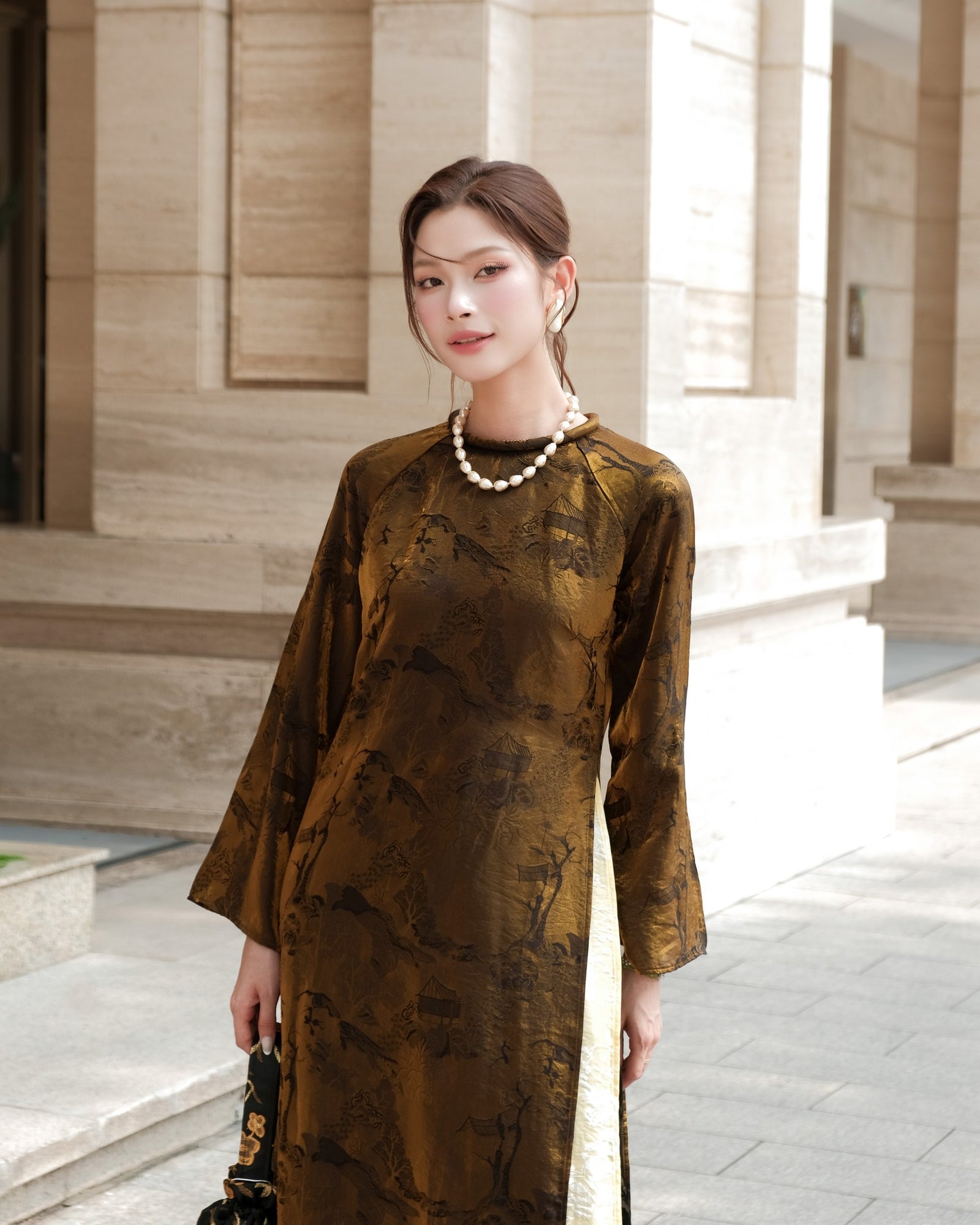 Xuân Ba Áo Dài Set - Double-Layered Tencel with Velvet Embroidered Pants - front view by Moc