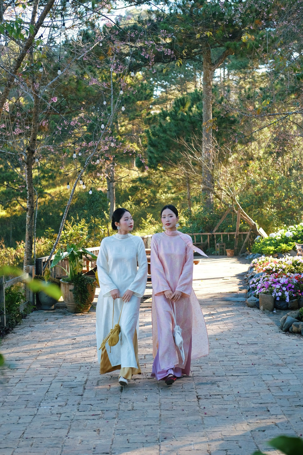 Vietnamese Ao Dai - Cầm Ao-dai Set – Wormsilk with scarf in Light Cream - styled presentation in white by Co Lau