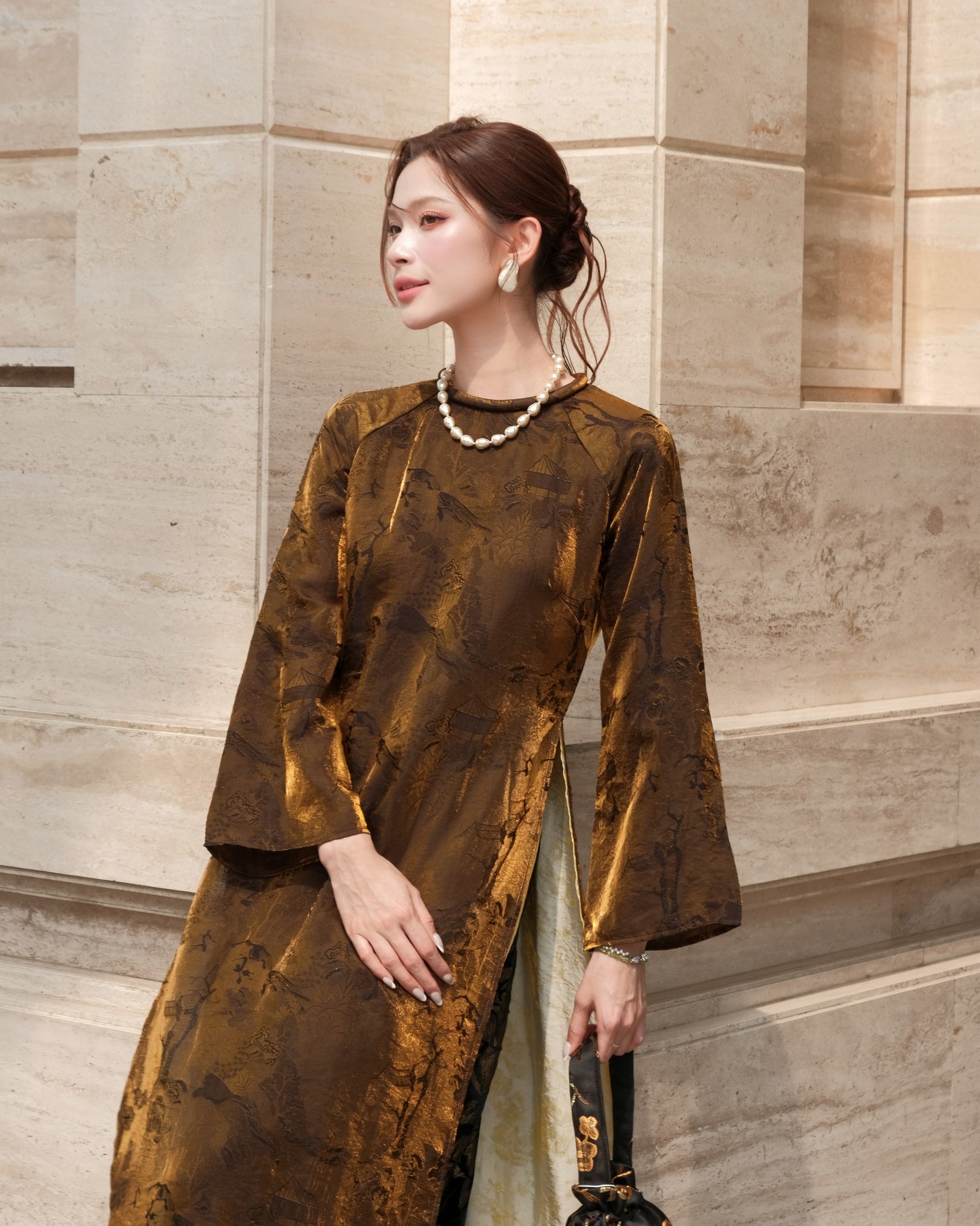 Vietnamese Ao Dai - Xuân Ba Áo Dài Set - Double-Layered Tencel with Velvet Embroidered Pants - front view in brown by Moc