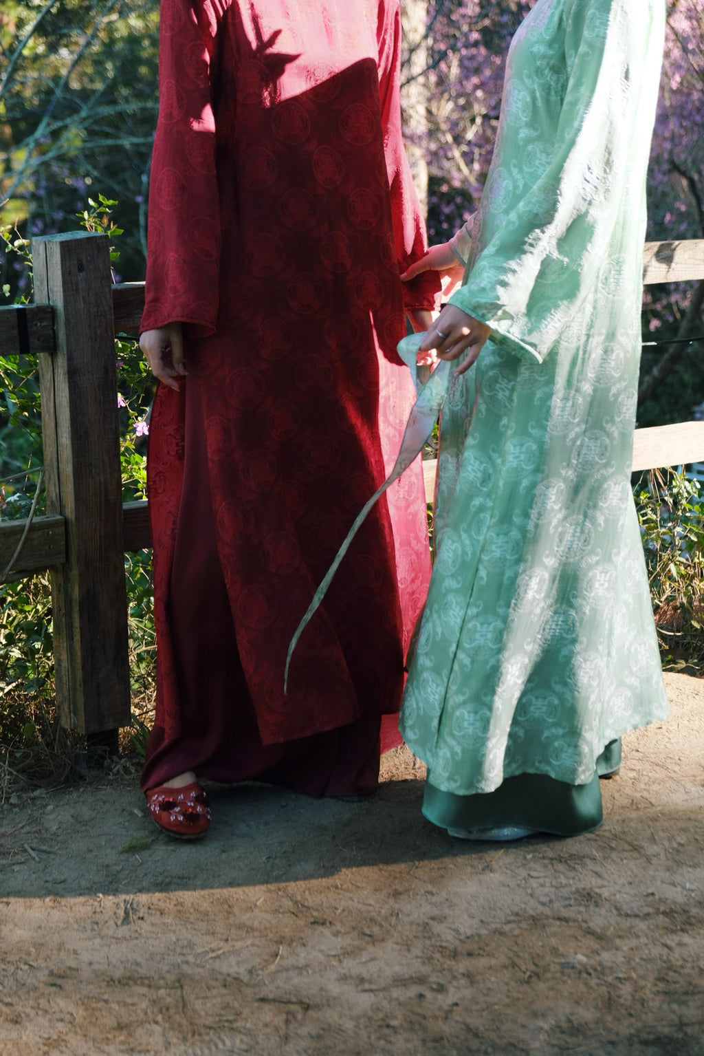 Vietnamese Ao Dai - Cầm Ao-dai Set – Wormsilk with scarf in Light Green - styled presentation in red by Co Lau