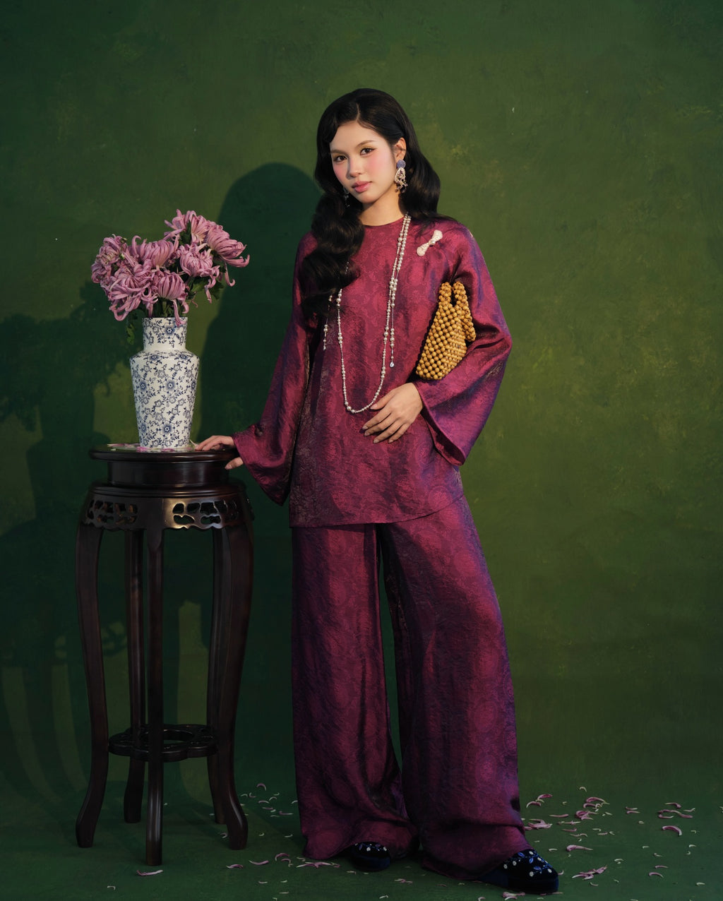 Vietnamese Ao Dai - Moc Tra Bà Ba Set - Tencel in Ripe Plum - front view in brocade in purple by Garderobe