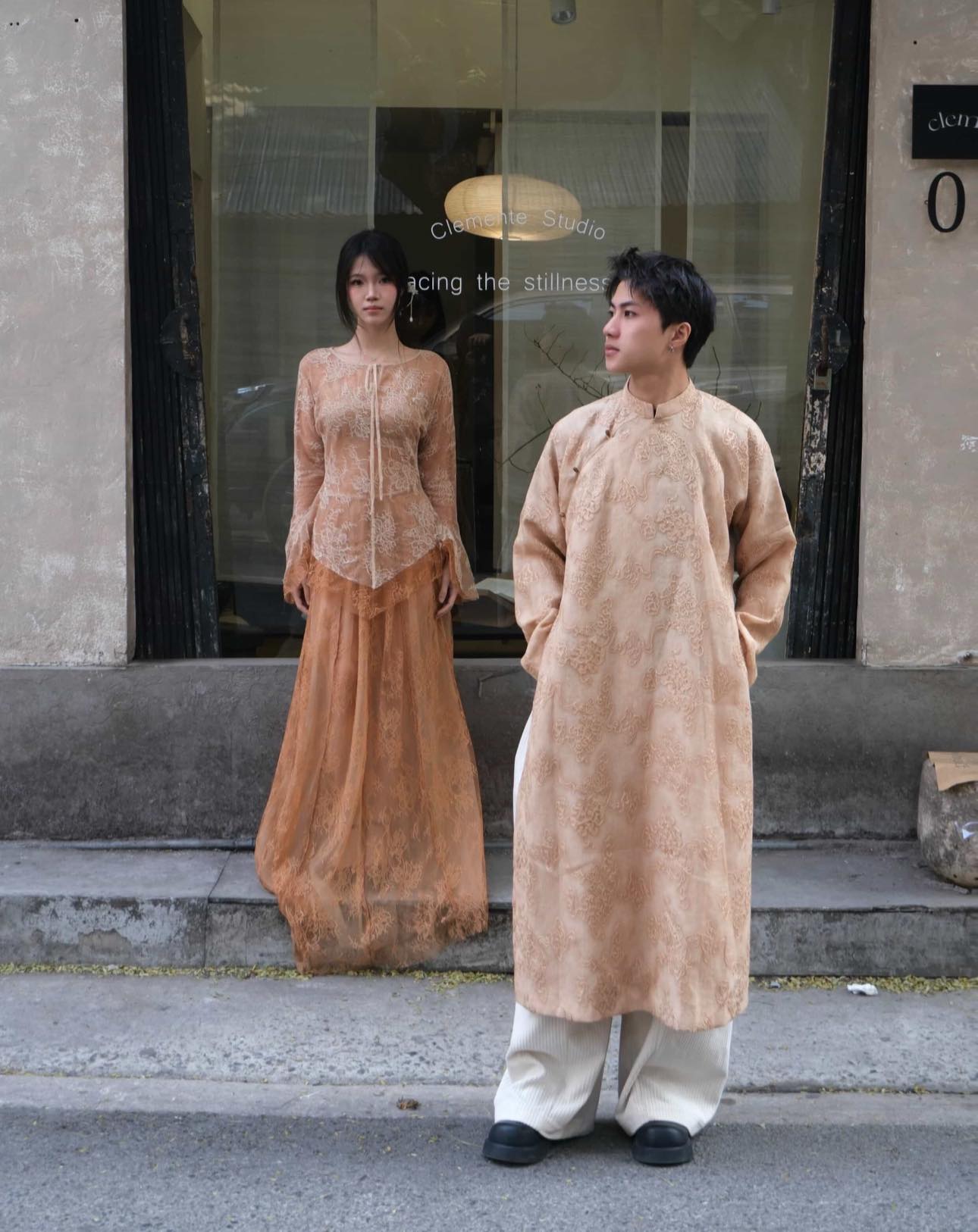 Vietnamese Ao Dai - Gia Đinh Men’s Ao-dai - Embroidered Silk Áo Dài - front view in peach by Maison LONG