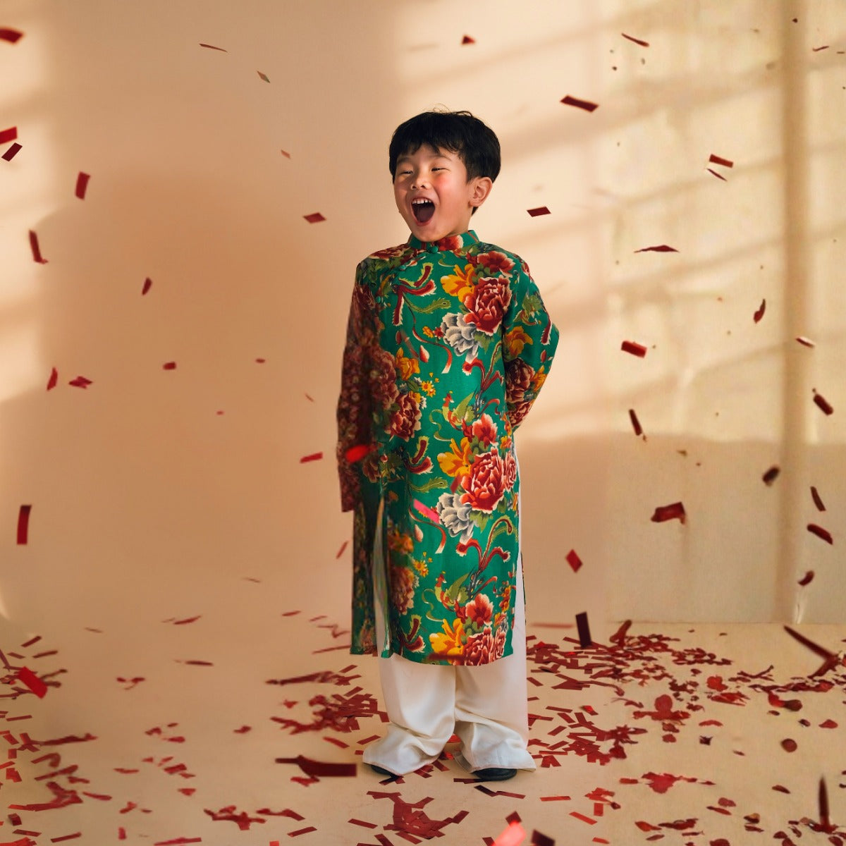 "Spring Joy" Kid Ao-dai Set - Printed on Emerald Green - front view | Vietnamese Áo Dài Fashion
