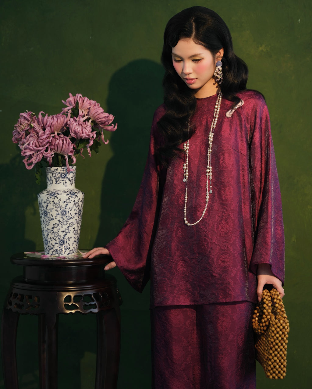 Vietnamese Ao Dai - Moc Tra Bà Ba Set - Tencel in Ripe Plum - front view in brocade in purple by Garderobe