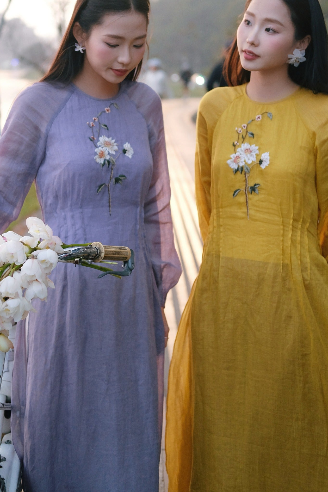 Vietnamese Ao Dai - Xuân Ao-dai Set – Linen with Embroidered Floral Motif - styled presentation in purple by Co Lau