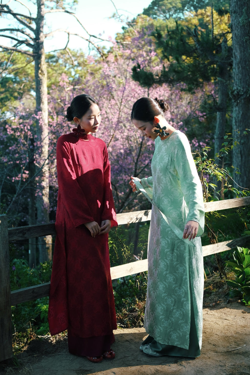 Vietnamese Ao Dai - Cầm Ao-dai Set – Wormsilk with scarf in Light Green - styled presentation in red by Co Lau