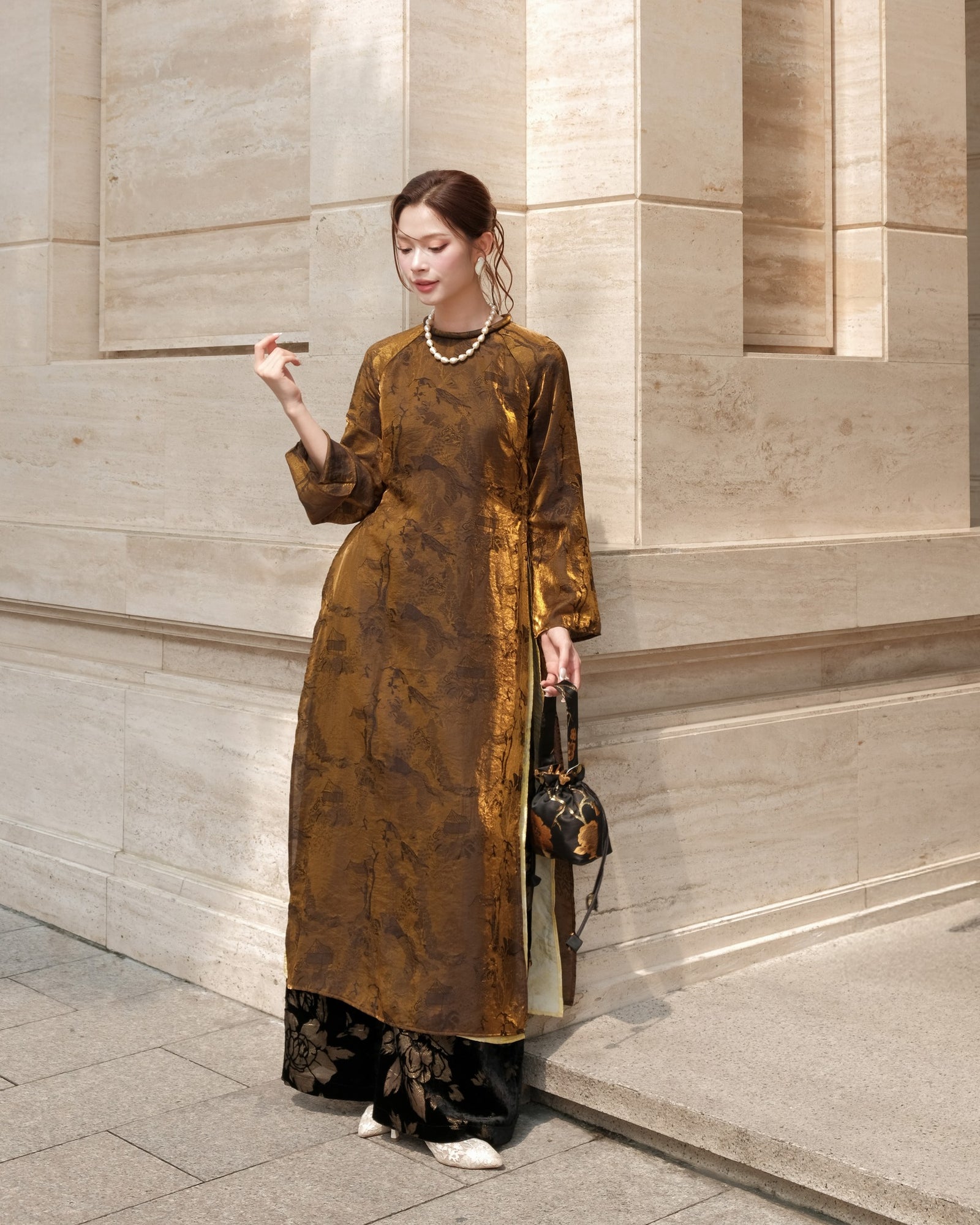 Xuân Ba Áo Dài Set - Double-Layered Tencel with Velvet Embroidered Pants - styled presentation by Moc