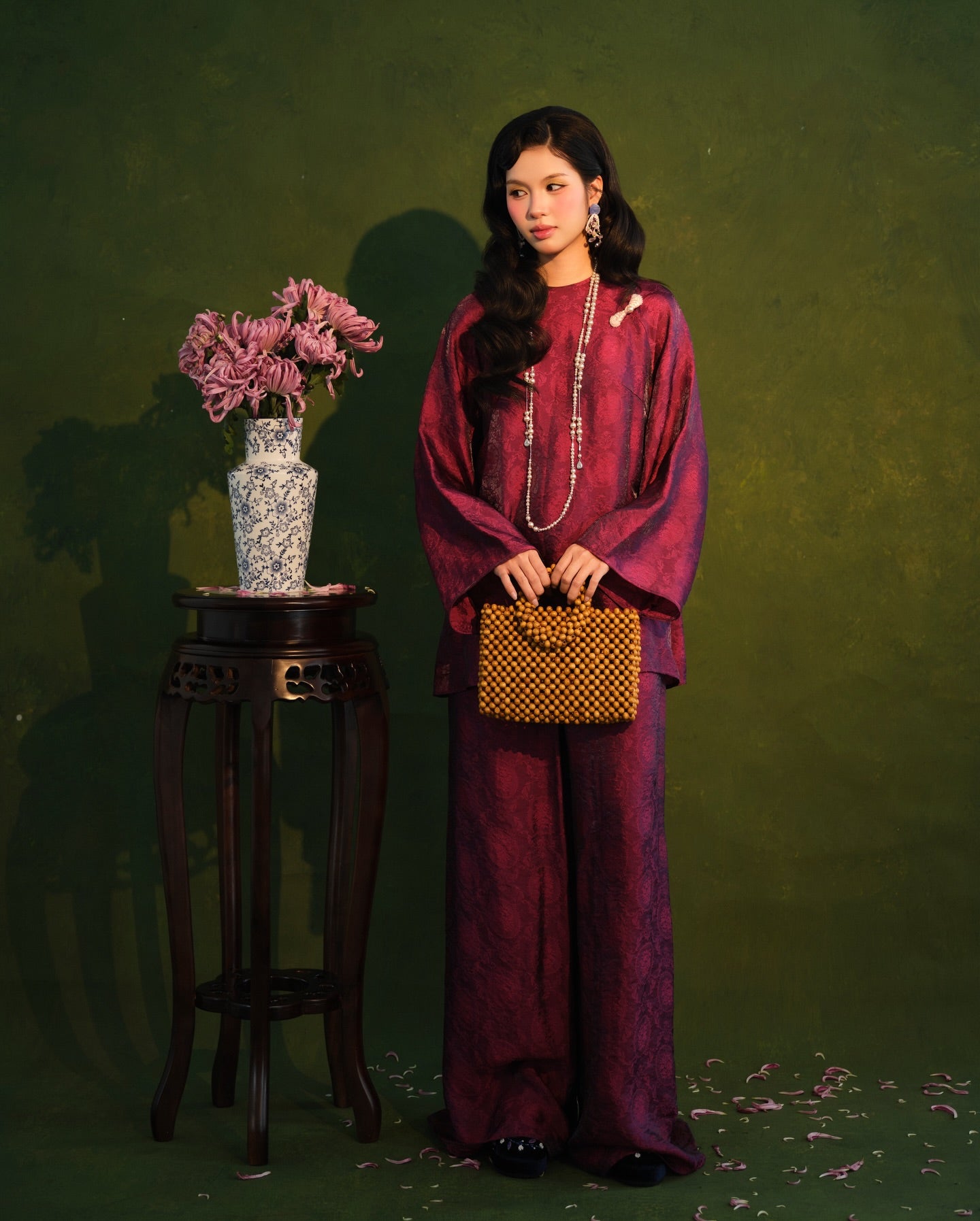 Vietnamese Ao Dai - Moc Tra Bà Ba Set - Tencel in Ripe Plum - front view in brocade in purple by Garderobe