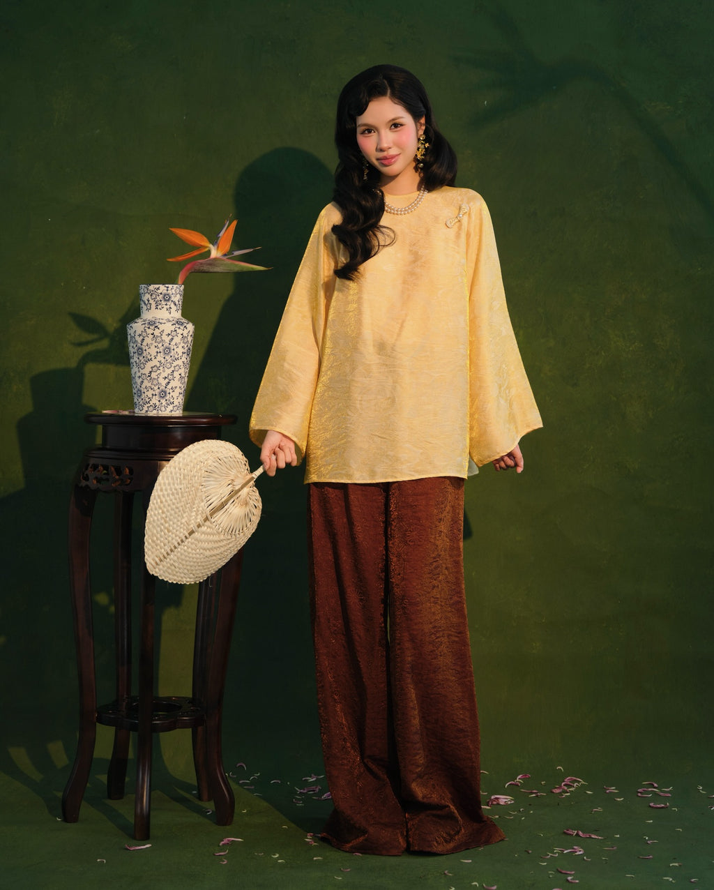 Vietnamese Ao Dai - Moc Tra Bà Ba Set - Tencel in Golden Silk - front view in yellow by Garderobe
