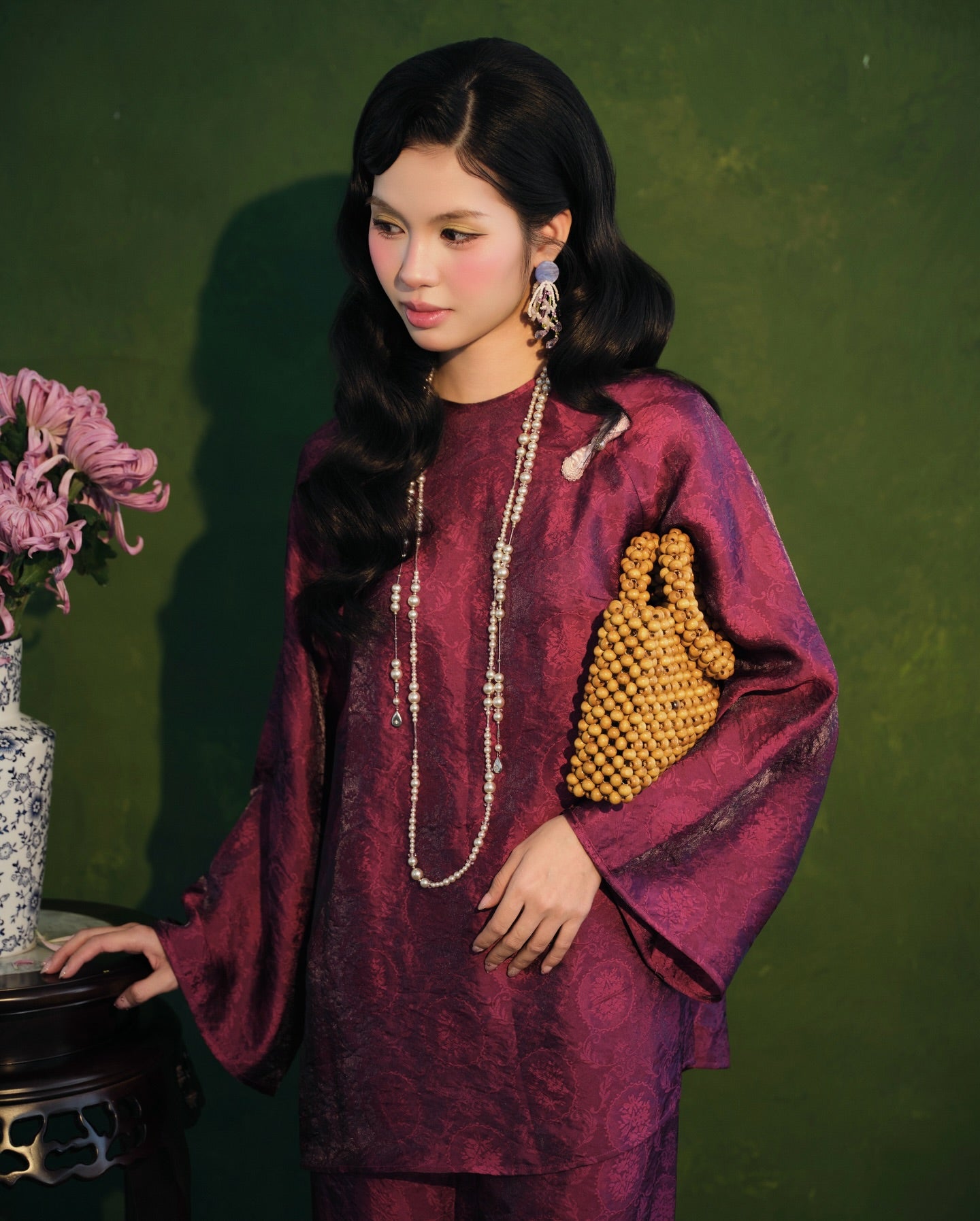 Vietnamese Ao Dai - Moc Tra Bà Ba Set - Tencel in Ripe Plum - front view in brocade in purple by Garderobe