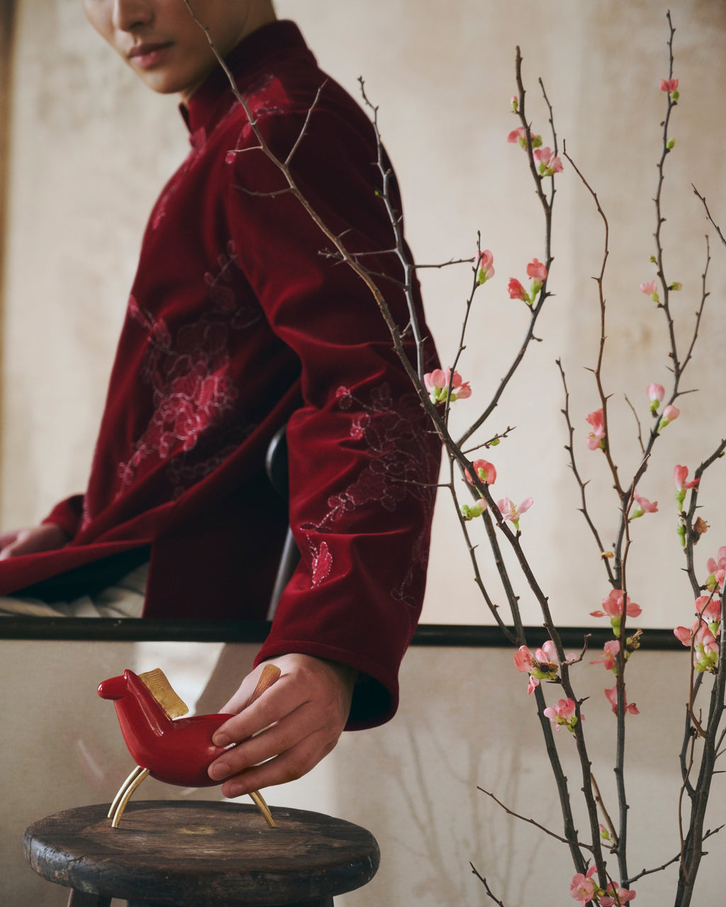 Vietnamese Embroidery - XUÂN PHÂN – Men’s Velvet Áo Dài in Bordeaux Red - side profile in red by Maison LONG