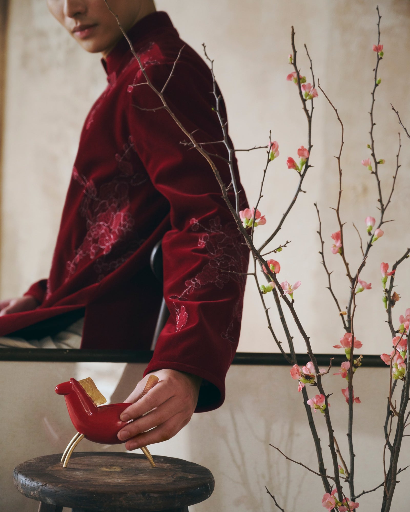 Vietnamese Embroidery - XUÂN PHÂN – Men’s Velvet Áo Dài in Bordeaux Red - side profile in red by Maison LONG