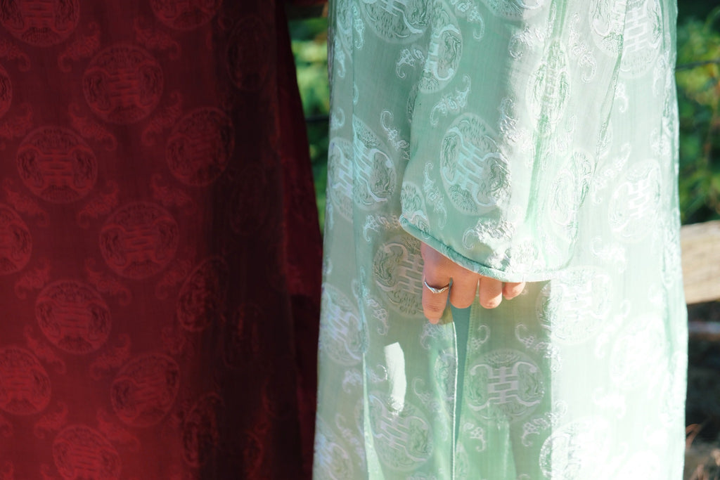 Vietnamese Embroidery - Cầm Ao-dai Set – Wormsilk with scarf in Light Green - detail close-up in brocade in red by Co Lau