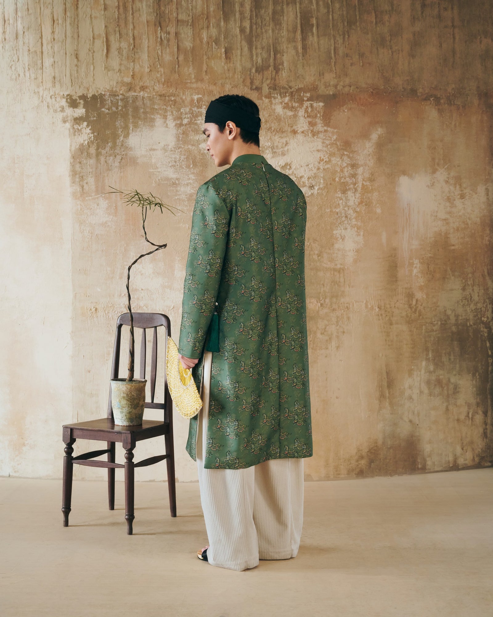 MÃ LỤC VÂN Men's Áo Dài - Printed Silk in Deep Jade Green - back view by Maison LONG