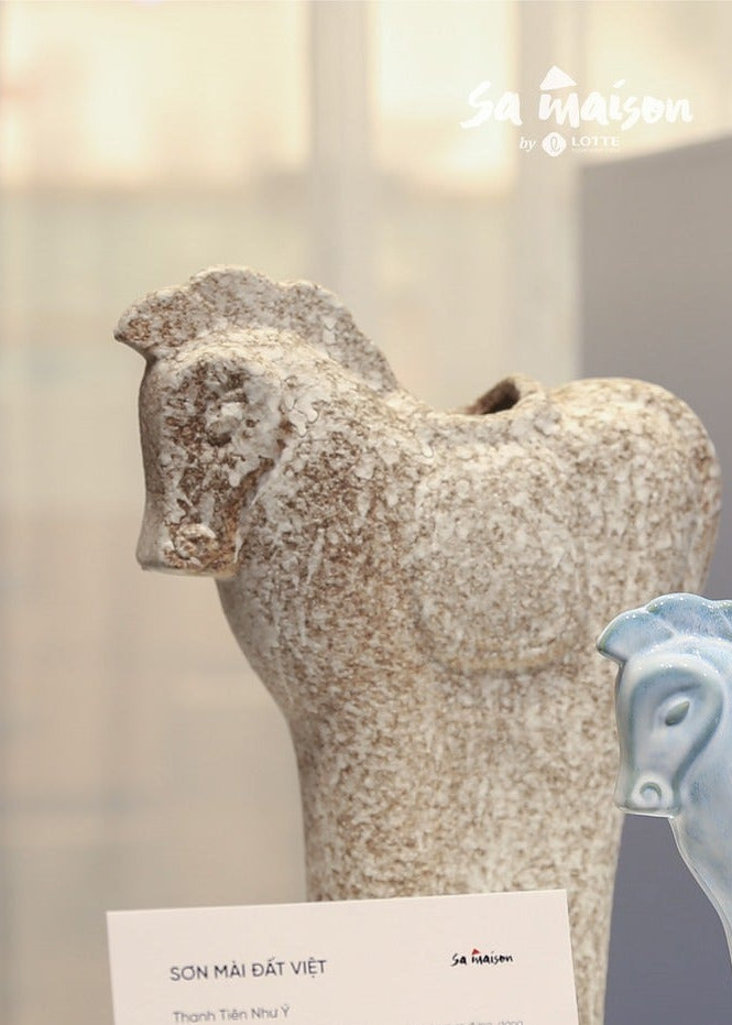 Vietnamese Lacquer - Gallop of Fortune – Ceramic Horse Vase / Decor in Clay - front view in white by Sa Maison