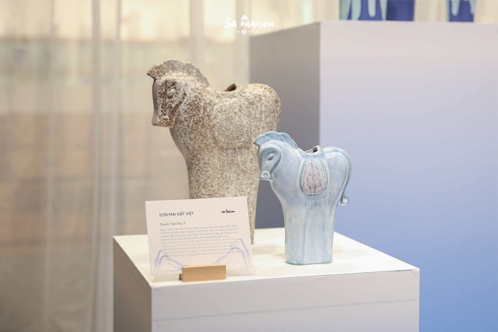 Vietnamese Lacquer - Gallop of Fortune – Ceramic Horse Vase / Decor in White/Blue - front view in blue by Sa Maison