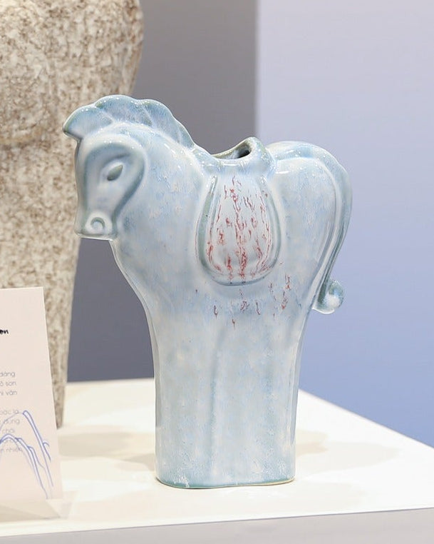 Vietnamese Lacquer - Gallop of Fortune – Ceramic Horse Vase / Decor in White/Blue - front view in blue by Sa Maison