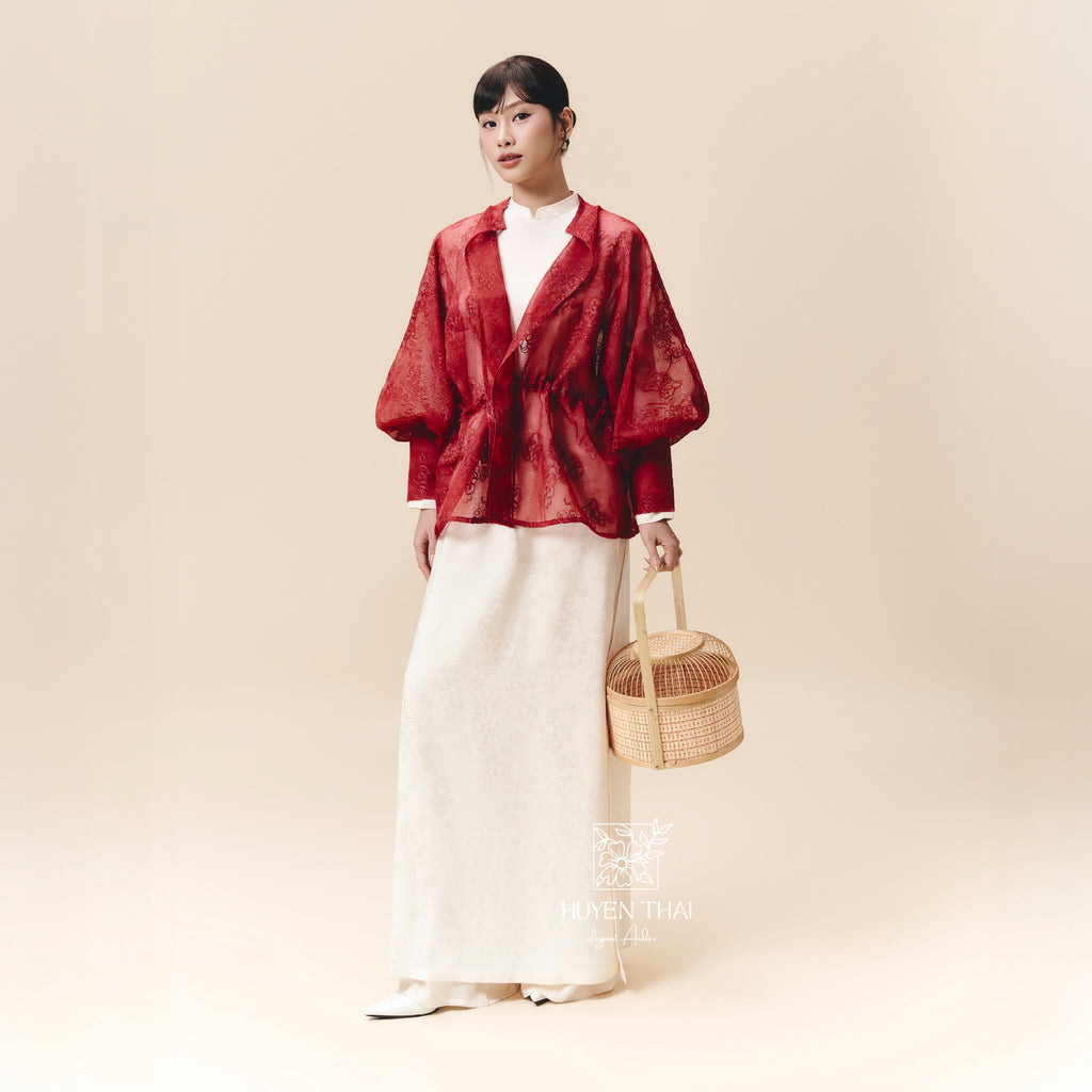 Vietnamese Ao Dai - CẦM Cardigan – Embroidered Lace - front view in silk in red by Huyen Thai Collection
