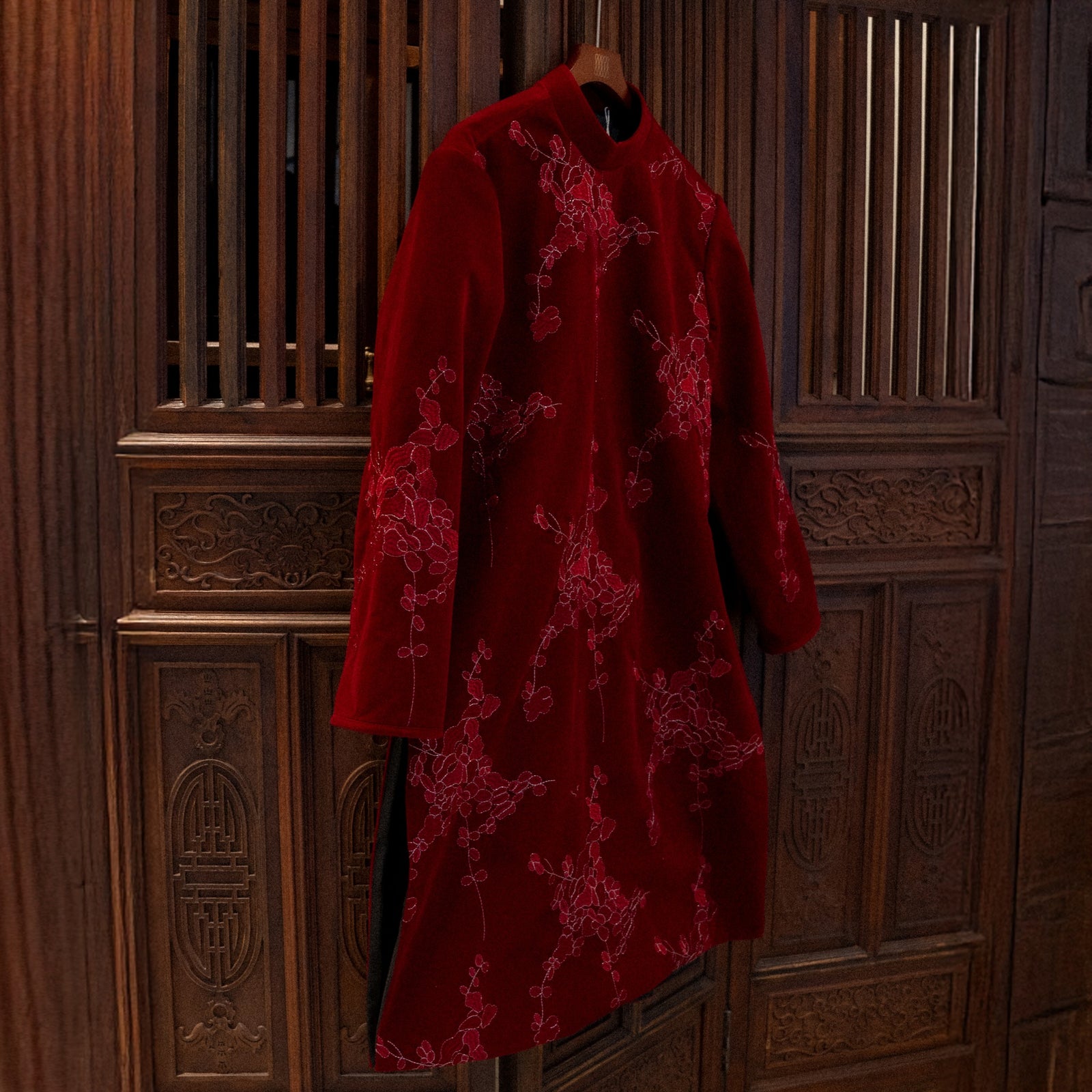 Vietnamese Embroidery - XUÂN PHÂN – Men’s Velvet Áo Dài in Bordeaux Red - front view in red by Maison LONG