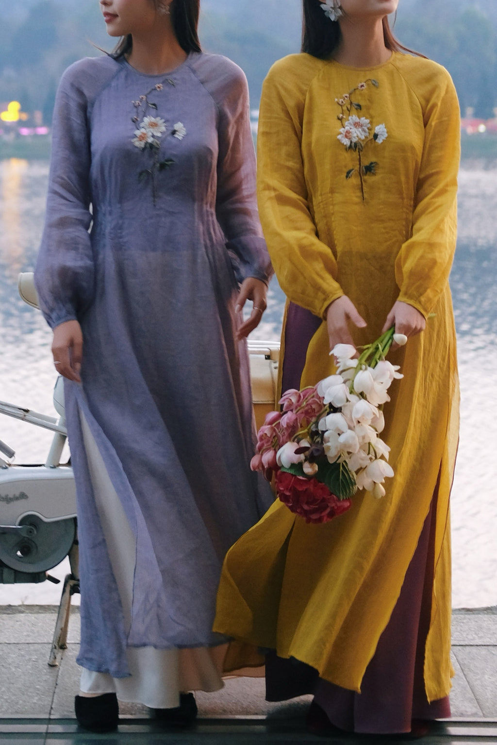 Vietnamese Ao Dai - Xuân Ao-dai Set – Linen with Embroidered Floral Motif - styled presentation in yellow by Co Lau