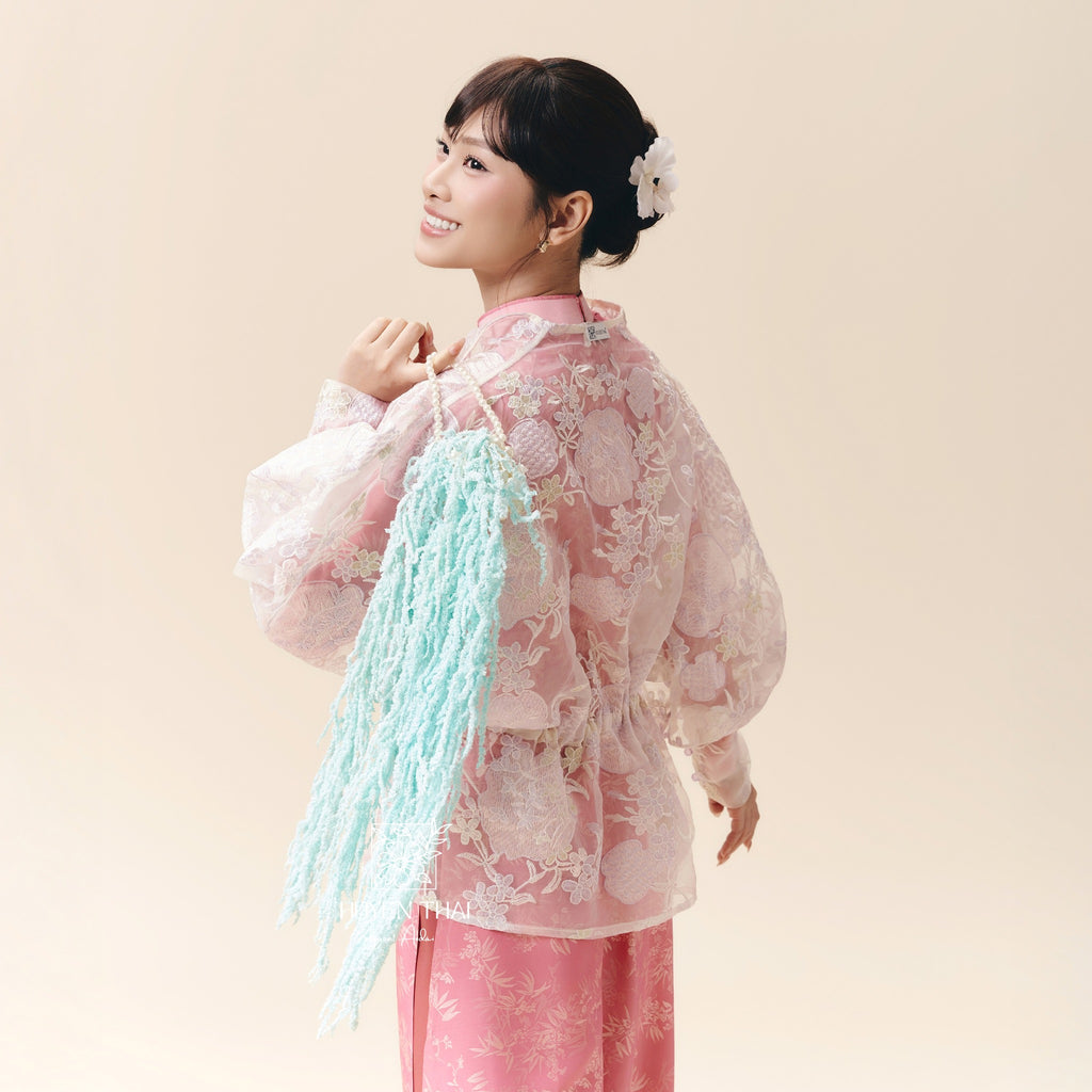 Vietnamese Ao Dai - CẦM Cardigan – Embroidered Lace - side profile in organza in pink by Huyen Thai Collection